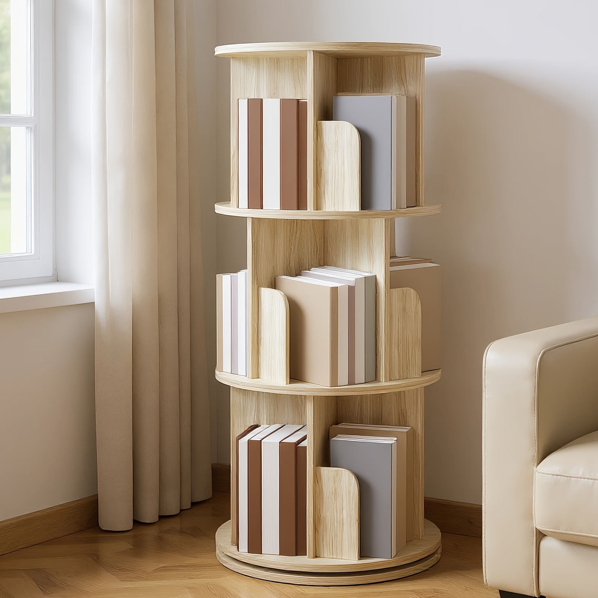   3 tier rotating bookshelf 360 revolving bookcase corner standing book organizer round display shelf with storage rack for living room office kids room nursery  