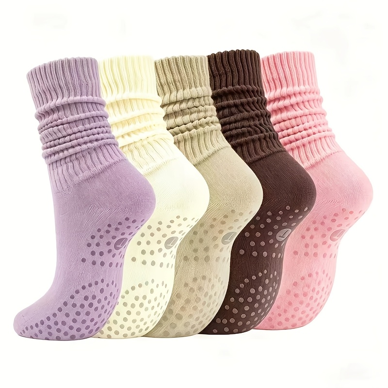 TEMU 5 Pairs Non-slip Scrunch Mid-calf Yoga Socks, Professional Gripped Socks, All Season, For Indoor Yoga, Use
