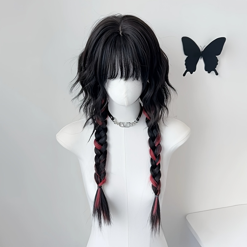 Image of -inch Wig Suitable For Men And Women, Featuring Curly Hair With Black And Red Highlights, In A Jellyfish Mullet That Embodies A , High- With A Touch Of Chinese Antique Flair