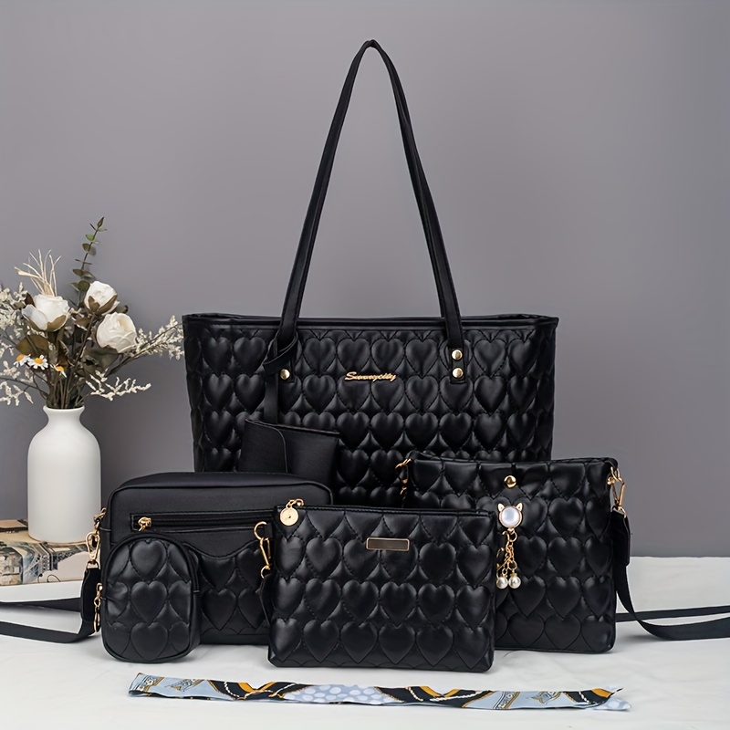 Image of Trendy Heart Embroidery Tote Bag 6pcs Set | Versatile Lightweight 2pcs Crossbody Bag Set | Casual Multi-functional Shoulder Bag, Handbag, Bucket Bag, More Stylish For Travel!