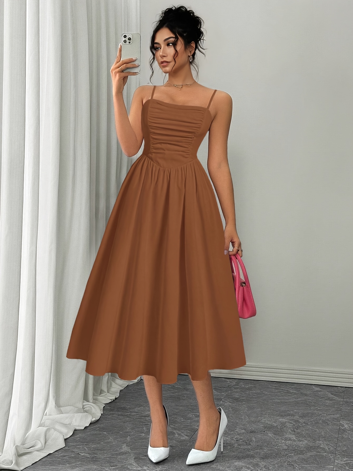 elegant shoulder brown dress women sleeveless a line flowy - Temu  Philippines