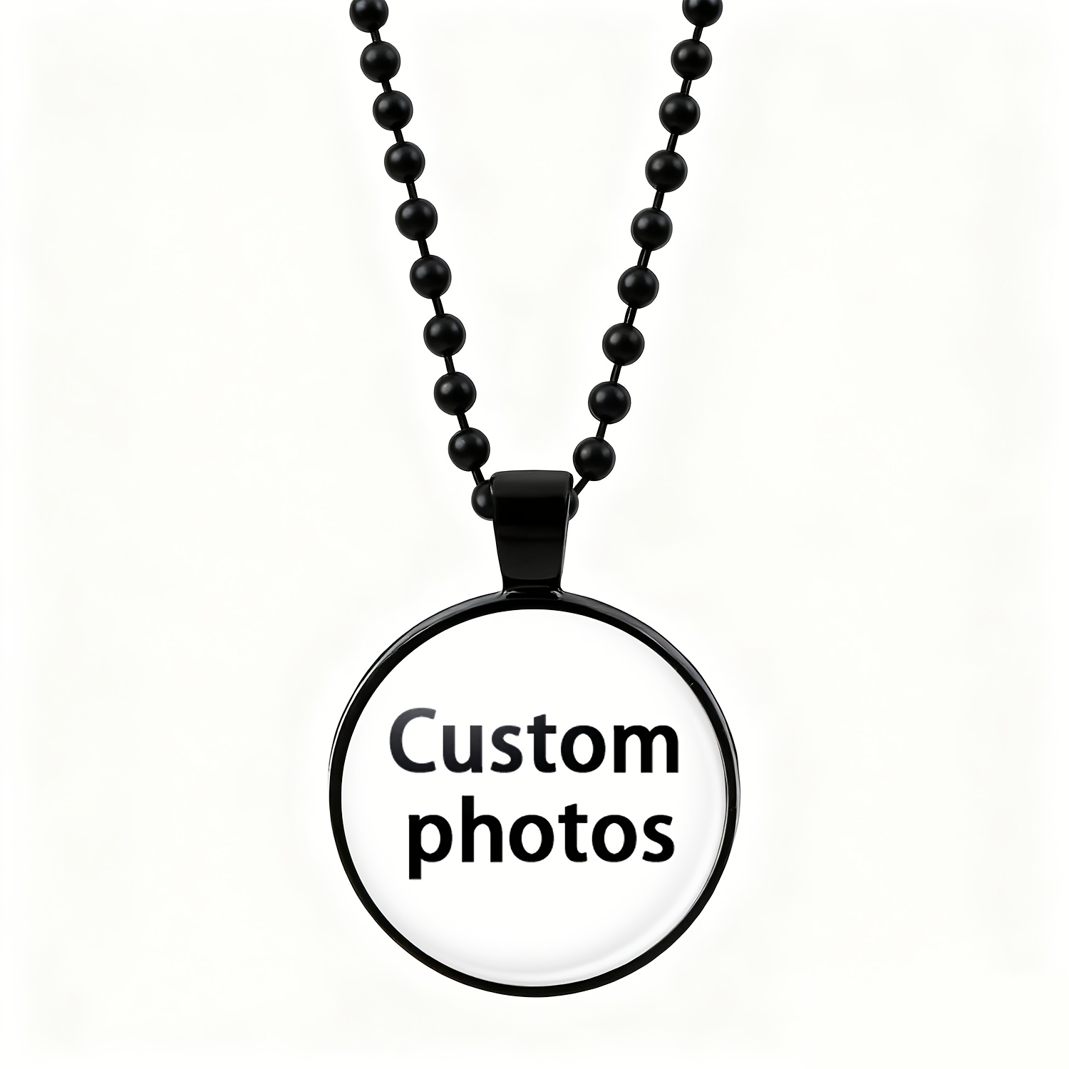 TEMU 1pc Round Glass Bead Chain Black Pendant Necklace For Men, Customizable With Any Image, Self- Family, , , Couple Photos, An Perfect Gift For