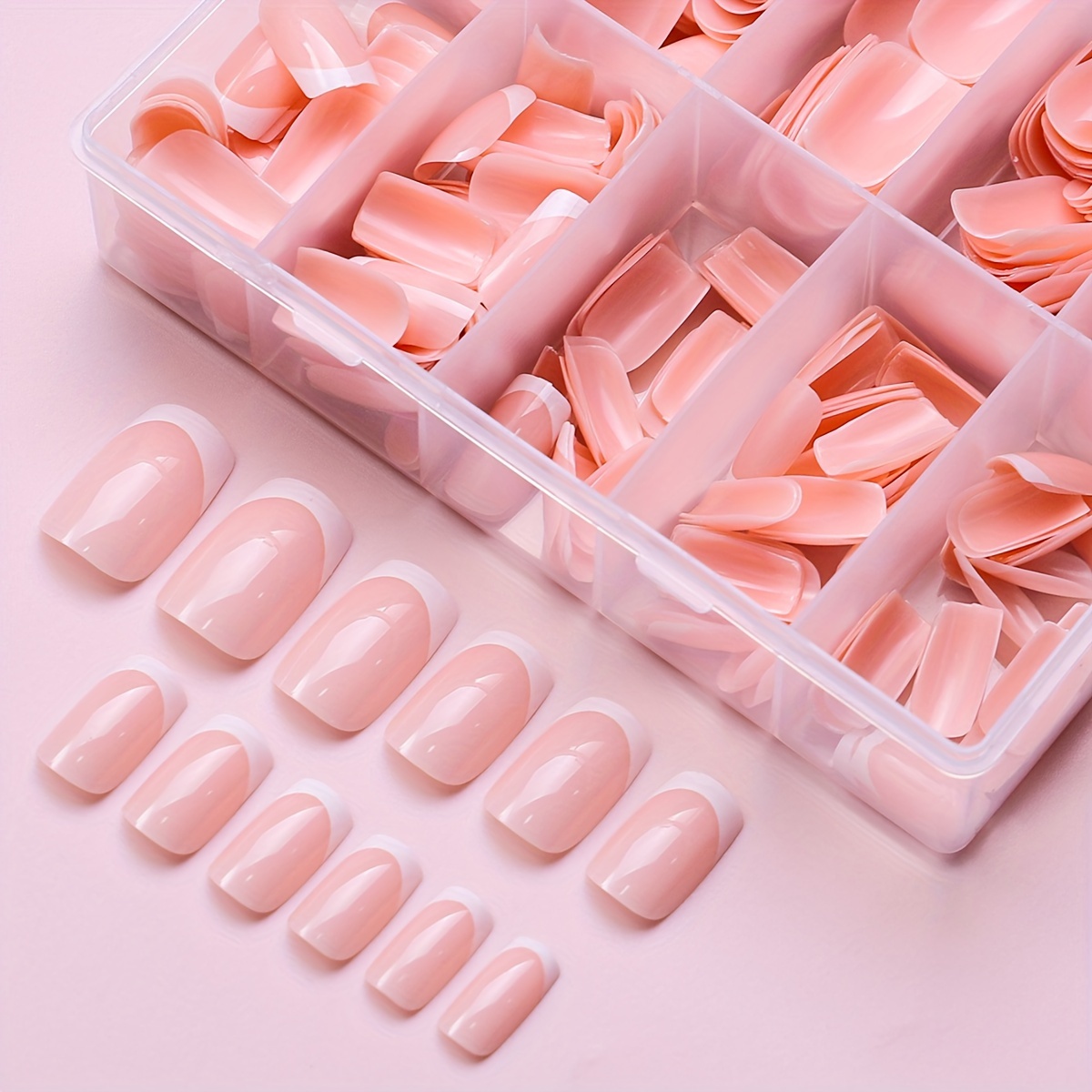

240-piece French Tip Press-on Nails Set - Medium Square, Glossy Acrylic False Nails In White & Nude For Women's Manicure