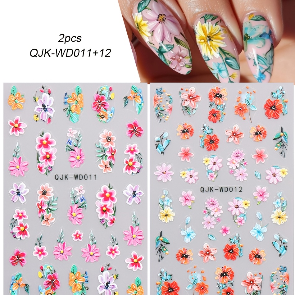 Image of 2 Sheets Of Colorful Floral Embossed Nail Stickers For Spring And Summer Qjk-wd011+12