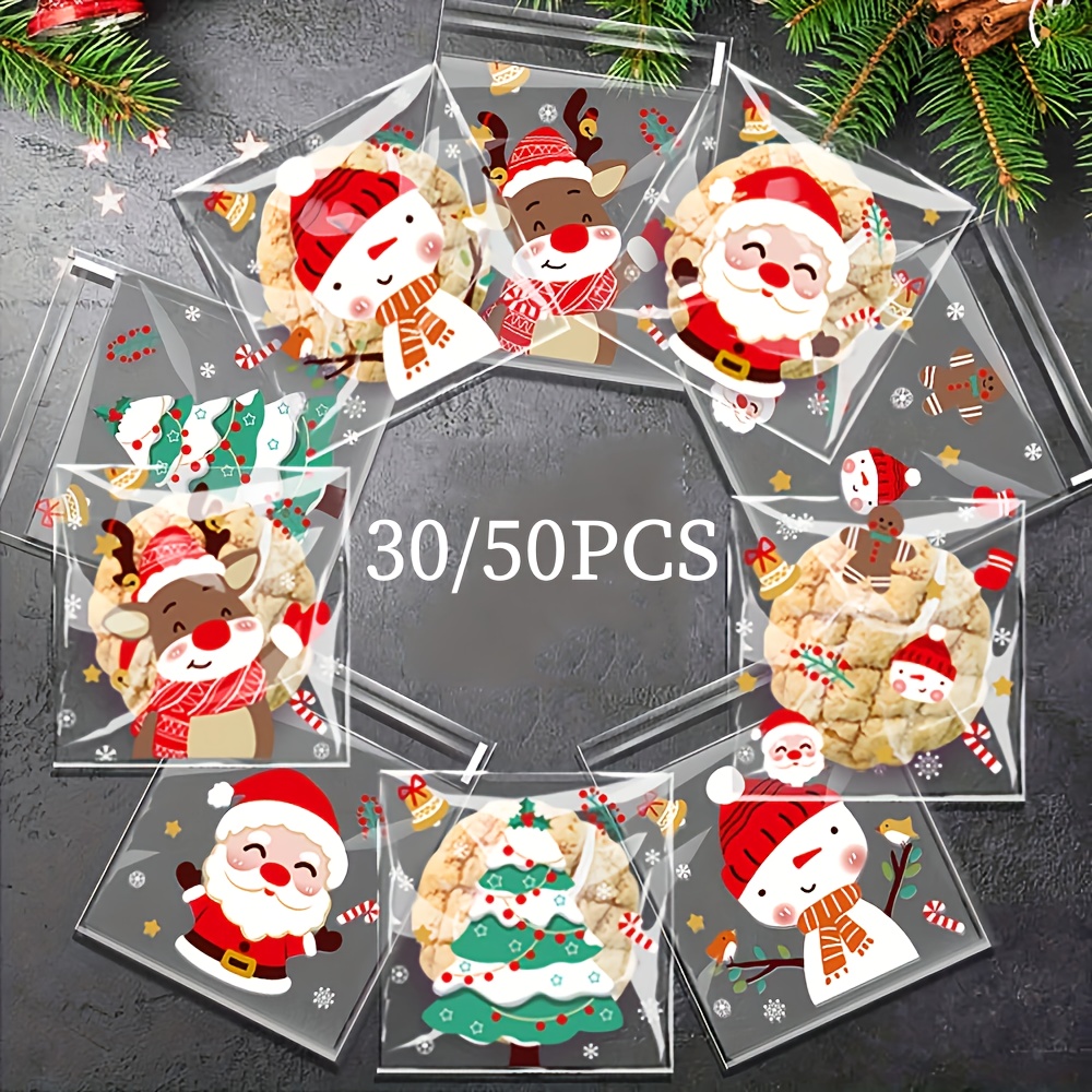 

30/50pcs Christmas Plastic Bags - Cartoon Reindeer & Santa Self-sealing Gift Pouches For Cookies, Candy - Festive Packaging