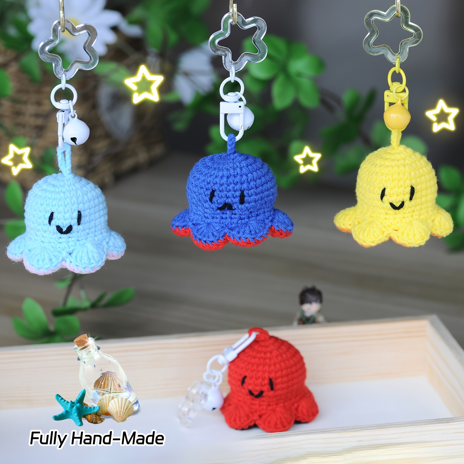 

4-pack Handmade Crochet Octopus Keychains - Cute Cartoon Animal-themed Floating Oval Charms With Split Ring Closure, Special Energy-boosting Decor For Home & Party - No Battery Required