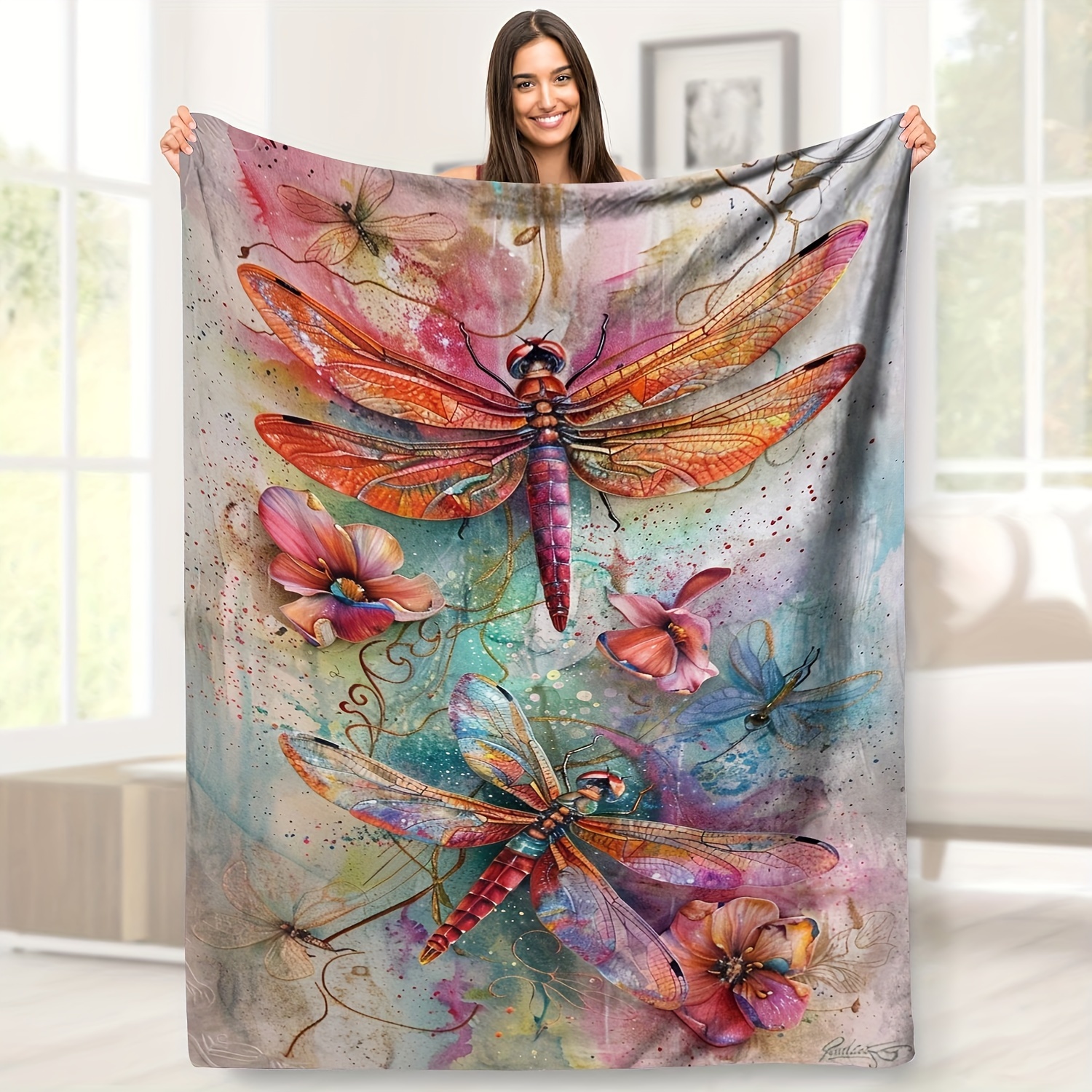 

Coastal-inspired Dragonfly Pattern Soft Flannel Throw Blanket, Animal Theme Polyester Knit All-season Cover With Unique Embellishments For Animal Lovers