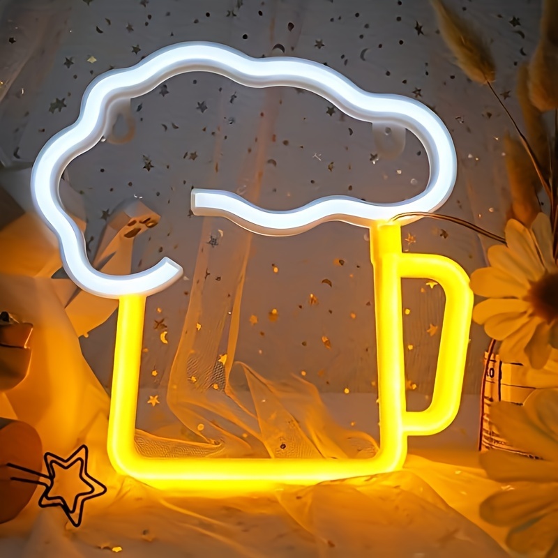 1pc Beer Mug Neon Sign, Yellow White Led Light, Usb Powered Wall Decor, Bar Pub Cave Party Decoration