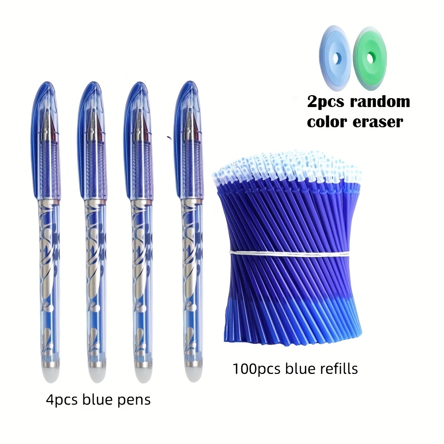 Image of 106pcs/set Erasable Gel Pen Set, 0.5mm Nib With Blue-black Ink, Refillable Gel Pens, Ideal For School And Office Supplies (random Color Eraser)