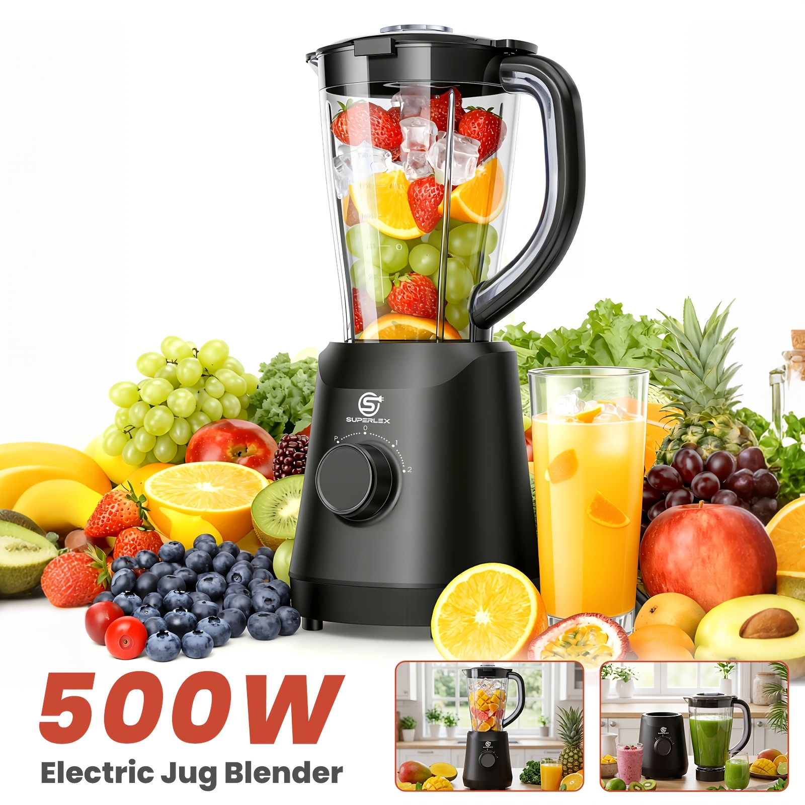 Image of Superlex 500w Electric Jug Blender With 1.5l Matte Plastic Body, Fitted With Steel , 2 Speed Settings Plus Function. Large-capacity Countertop Blender For Smoothies And For Household Use.