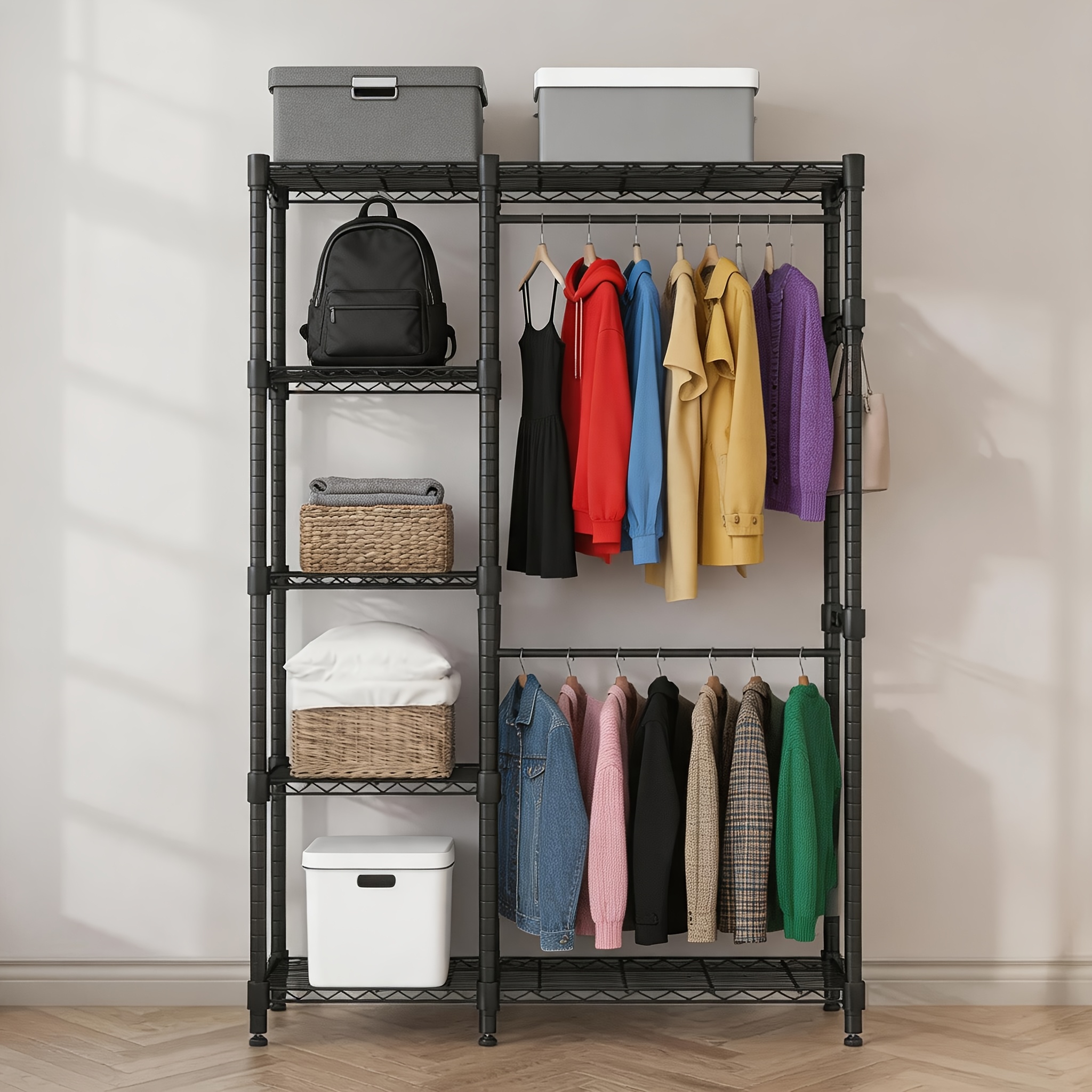 Image of Clothes Rack, Sturdy Open Wardrobe With 5 Shelves, Heavy Duty Clothes Rail With 2 Clothes Rails, Height Adjustable Coat Stand With Hooks, Bedroom, Hallway, Living Room, 114 X 44 X 195cm, Black