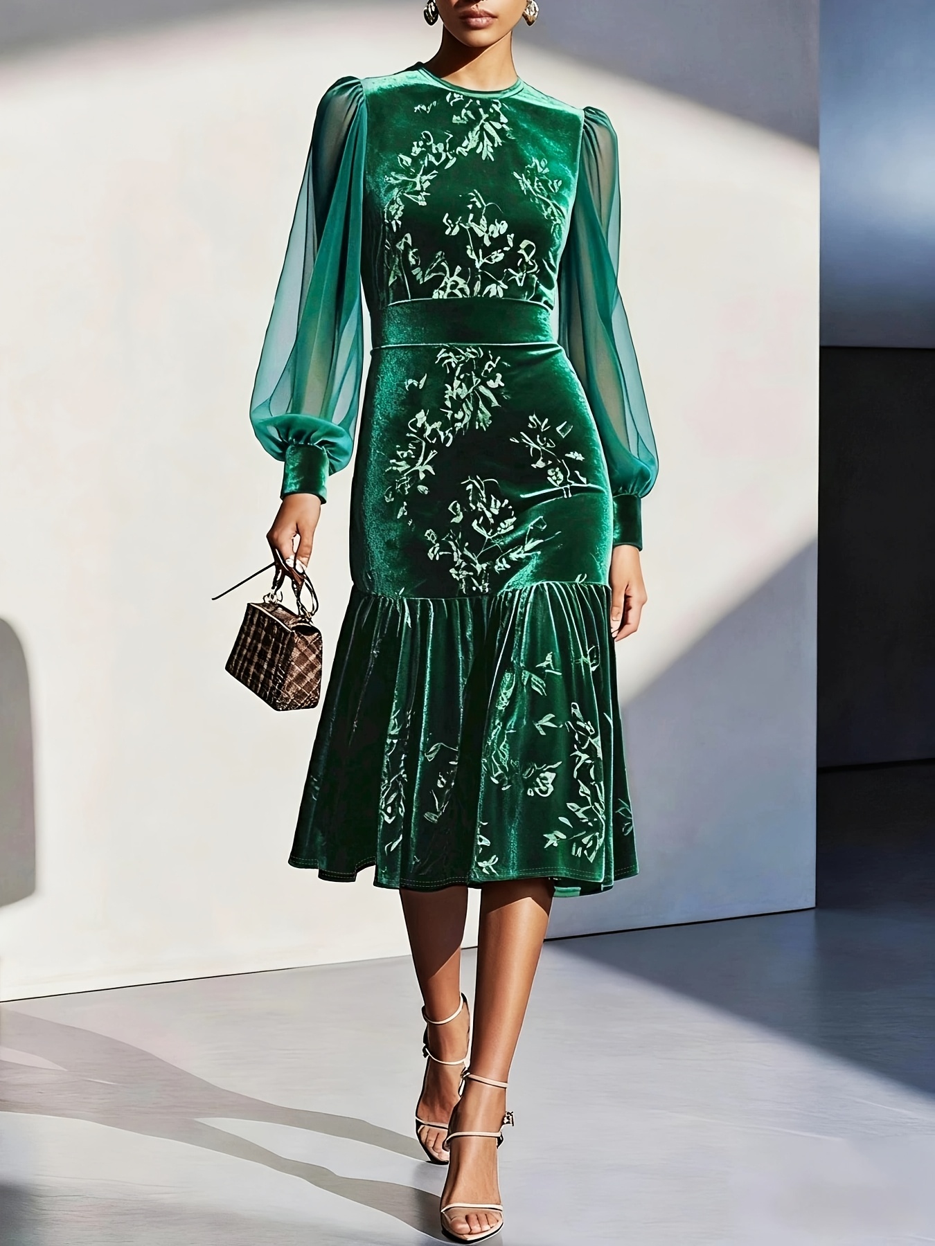womens autumn winter caramel velvet dress round neck lantern - Temu Kuwait