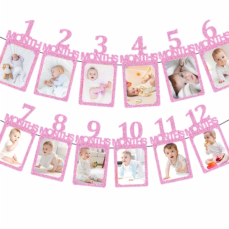 1st Birthday Photo Banner & Milestone Chart - 1-12 Months Growth With Numbered Months, Pink & Golden / Party Decorations, Shower & Celebration Supplies, Durable Paper Cutouts Photos