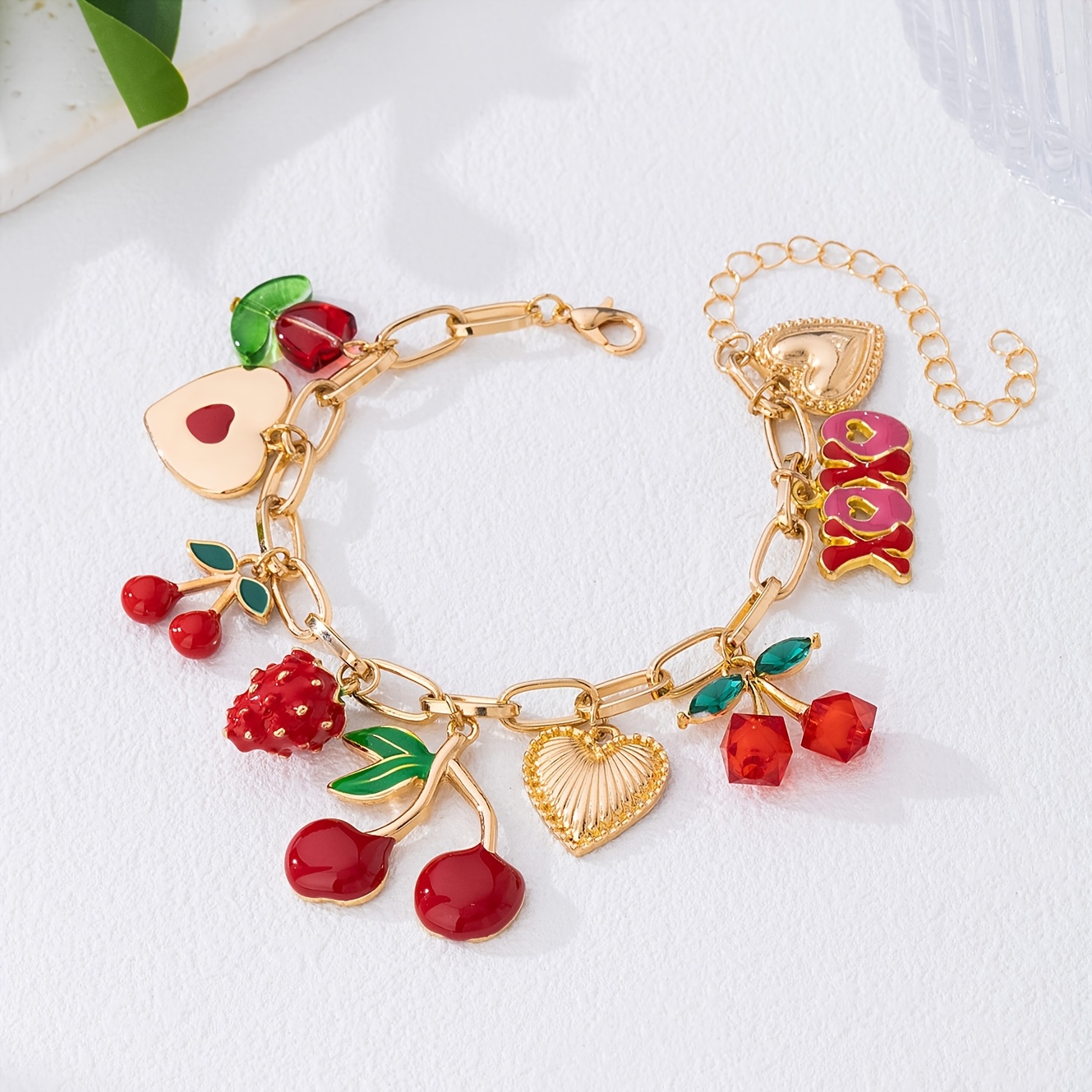 Image of A Stylish And Funky Alloy Enamel Cherry, Strawberry, Heart, And Tulip Pendant Bracelet, Perfect For Women To Wear On A , At Parties, During Festivals, Or As A Gift