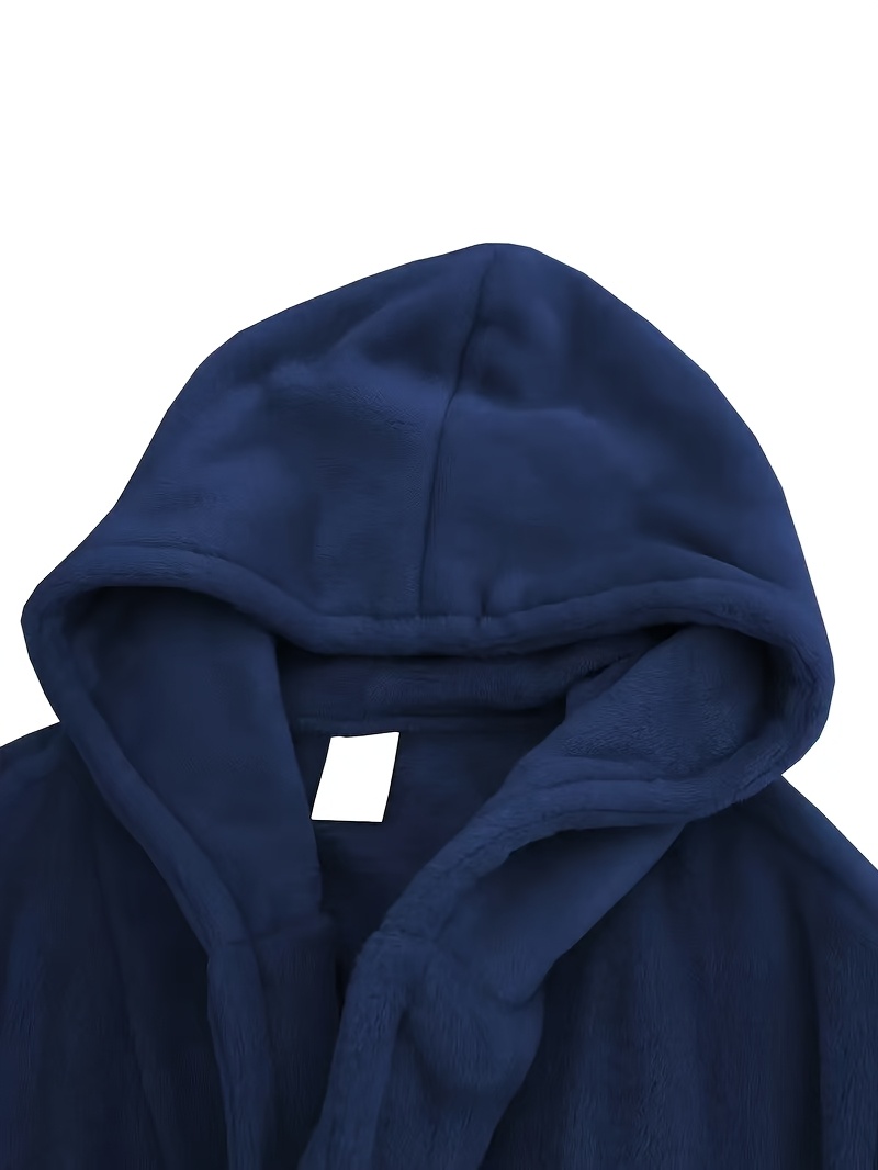 Men's Long Black Fleece Bathrobe with Double Hood - Soft, Breathable, Adjustable Belt, Solid Color, Ideal for Autumn/Winter Comfort