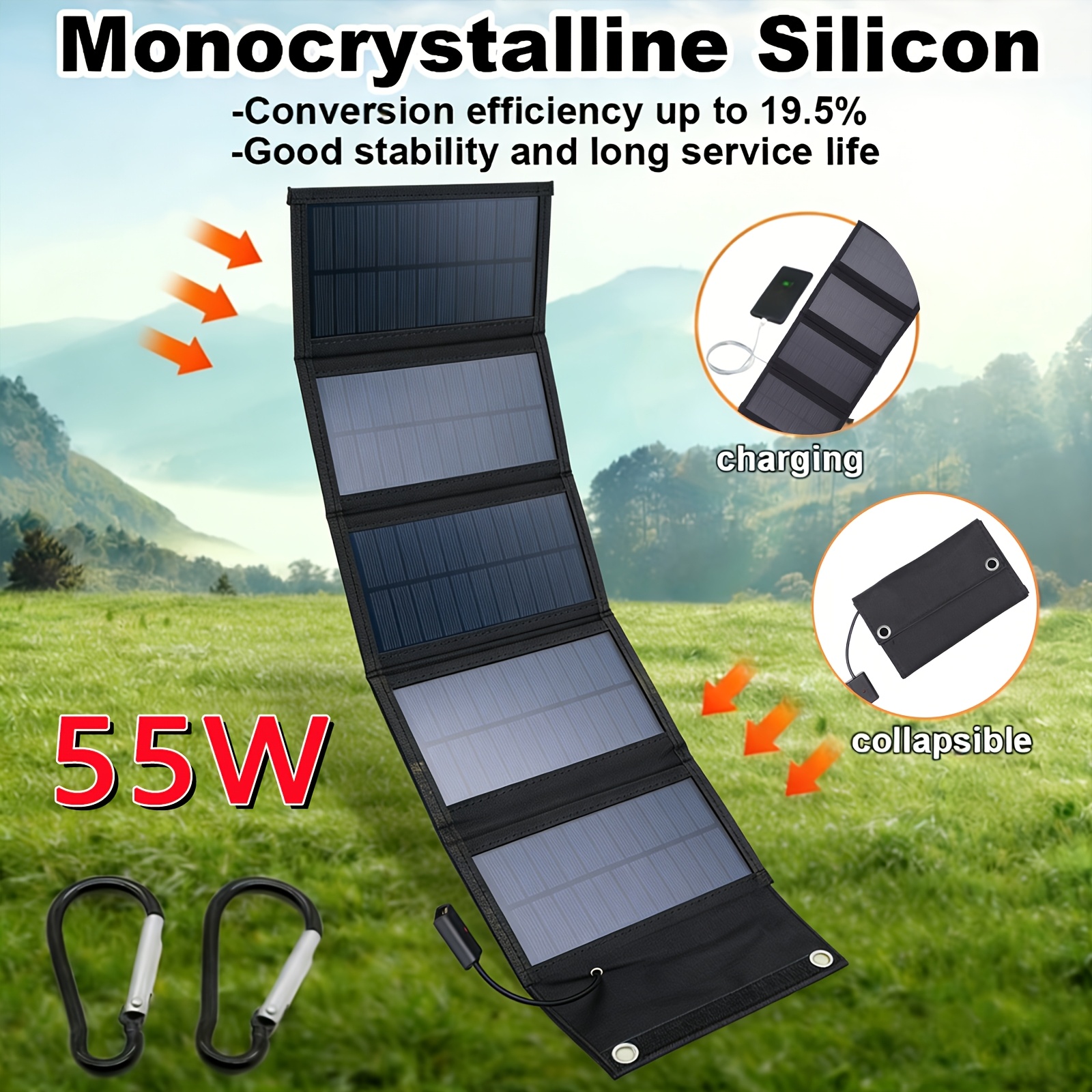 TEMU 1pc 5-foldable Solar Panel, Solar Charger With Usb Port, 55w Portable Solar Panel For Emergency Charging, Mobile Phones, Cameras, Laptops, Fans,