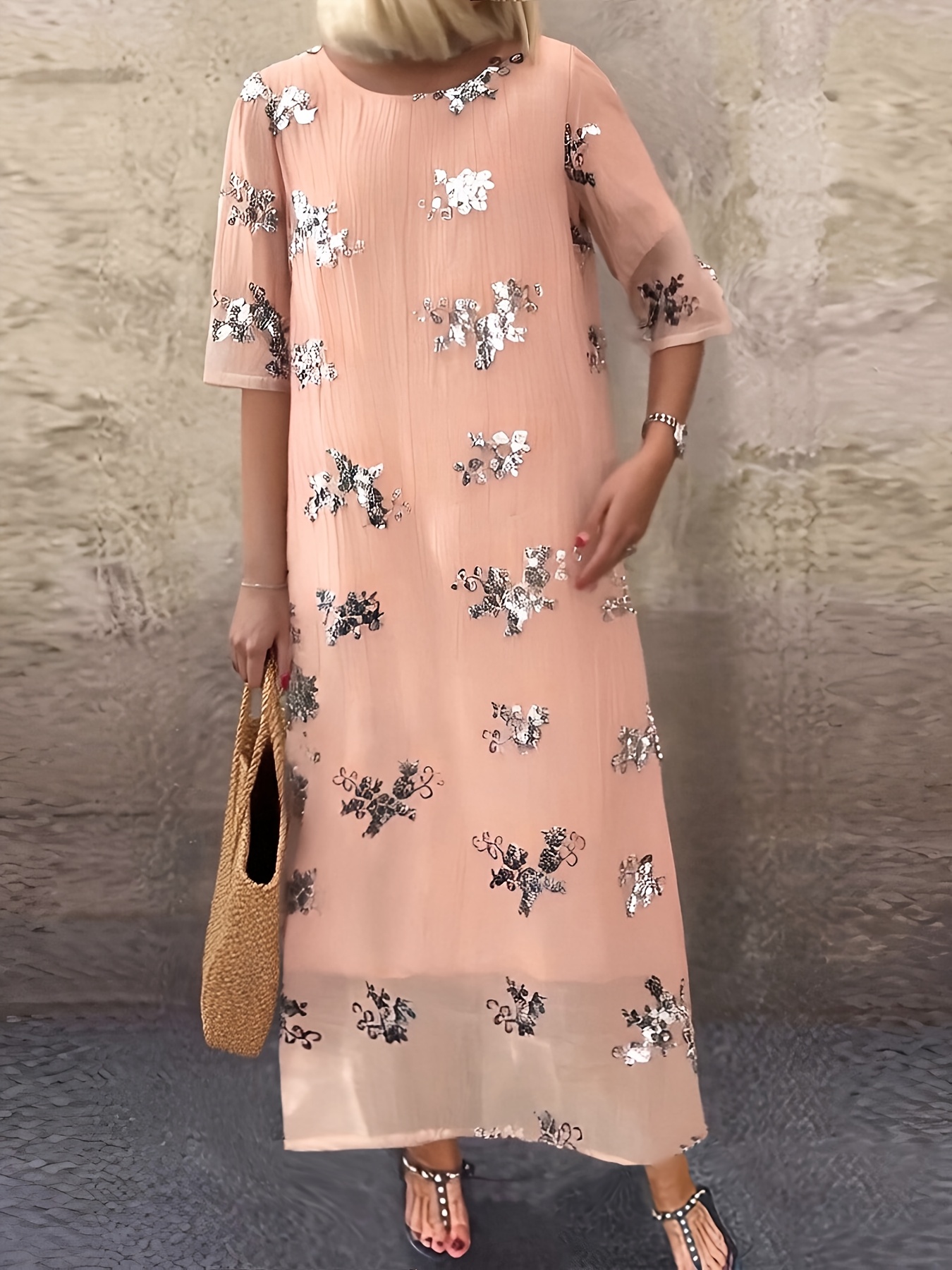 womens light pink floral sequin maxi dress short sleeve round neck flowy a line skirt casual summer dress with straw bag and sandals floral dress orange pink 4