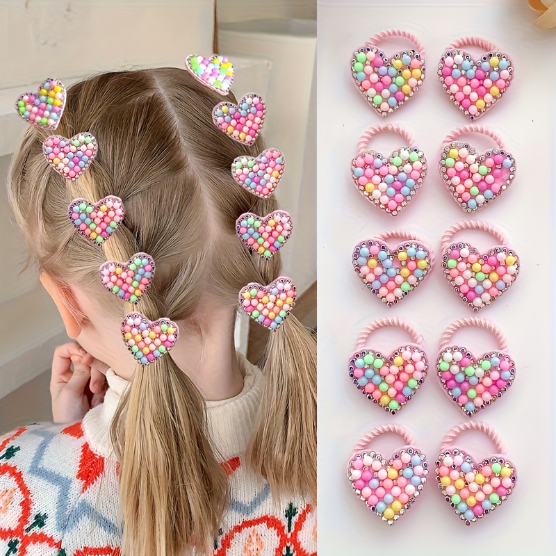 10pcs Little Girl Cartoon Cute Heart Strawberry Rabbit Cat Hair Tie Pink Hair Tie Rubber Band
