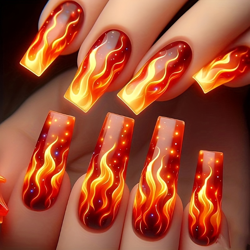 TEMU Press-on Nails, Detachable Full Set With Medium-length Tips, Mixed Color Stripes And Flame Patterns, Glossy Finish, 24pcs Artificial Nail Kit For Manicure