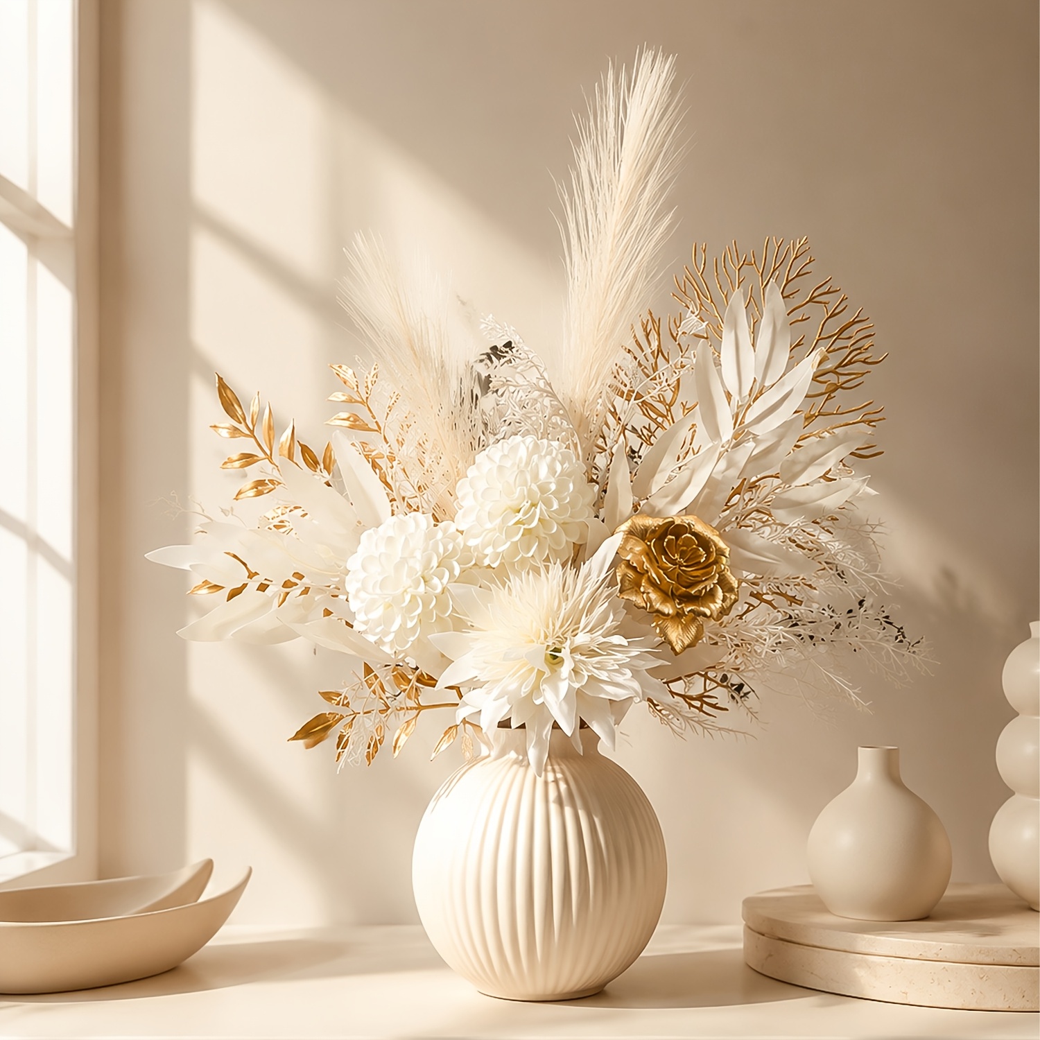 TEMU 1 Set Of Ivory Pom-poms, Champagne , Feather-white , Long Tassel Fringes, Porcelain-white Leaves, And Golden-veined Coral Branches Are In A