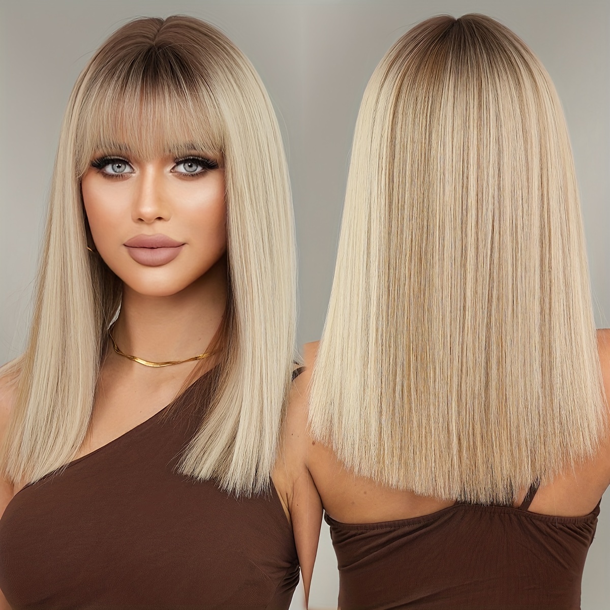 Image of Shoulder Length Straight Ombre Grey Wig With Dark High Density Highlight Brown Wigs For Women Daily Party Use Heat-friendly Synthetic Wig 18 Inches