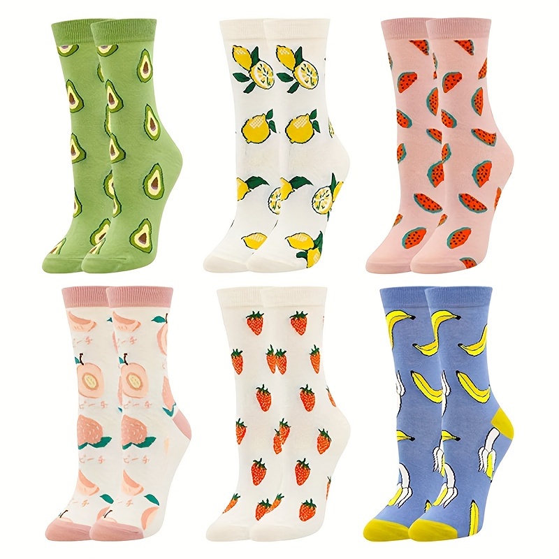 

6 Pairs Of Women'-themed Mid-calf Socks Featuring Cute Strawberries And Avocados, Spring And Summer Casual Wear.