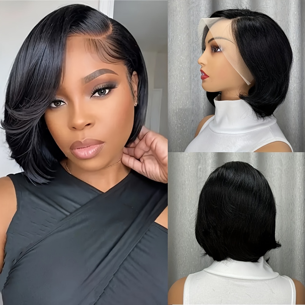 TEMU 13x4 Cut Short Bob Human Hair Wig - Straight Transparent Lace Frontal, Natural Look For Women, 180% Density, Elegant Style For Daily Use, Wig | Sleek Bob Style | Wig, Short Hair Wig