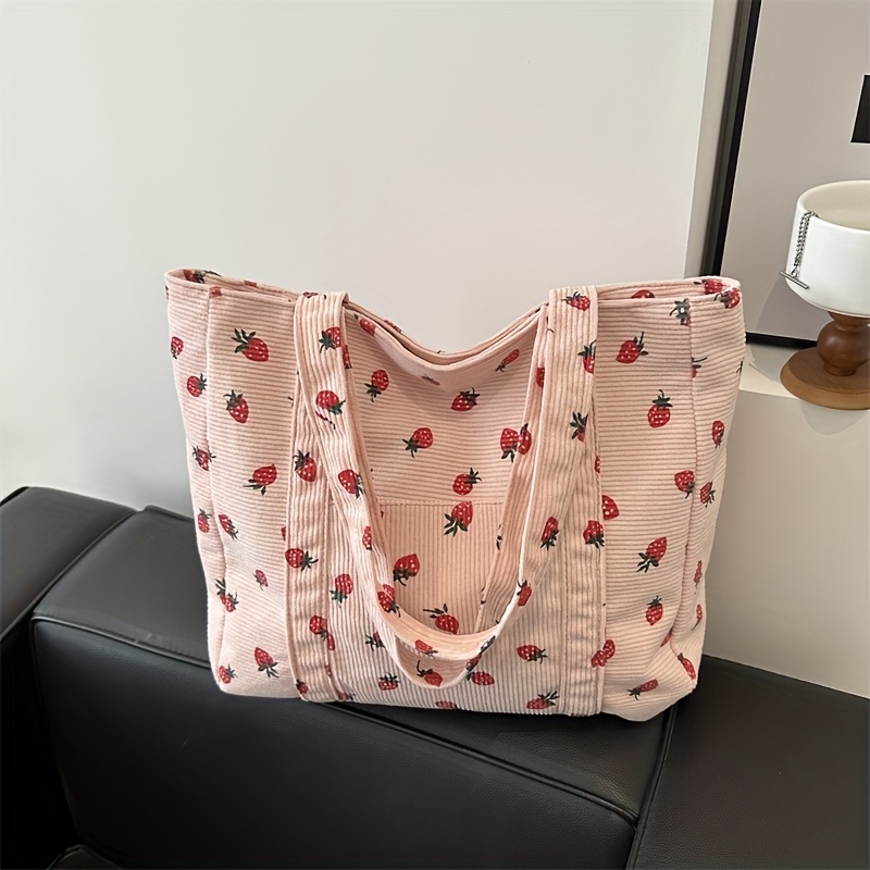 

Rustic Large Capacity Fashion Corduroy Tote Bag For Women, Trendy Versatile Shoulder Bag With Vintage Strawberry Print, Casual Chic