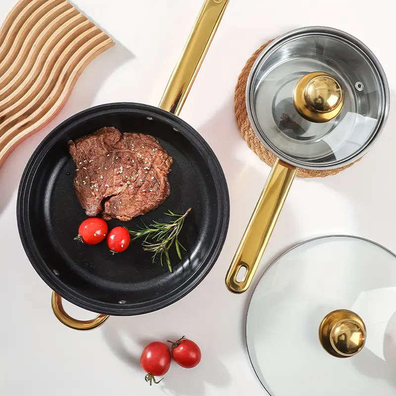 home use stainless steel 12pcs orange non stick cookware set soup pot frying pan milk pot and kitchen utensils with glass lids suitable for cooking cuisines Product details 6