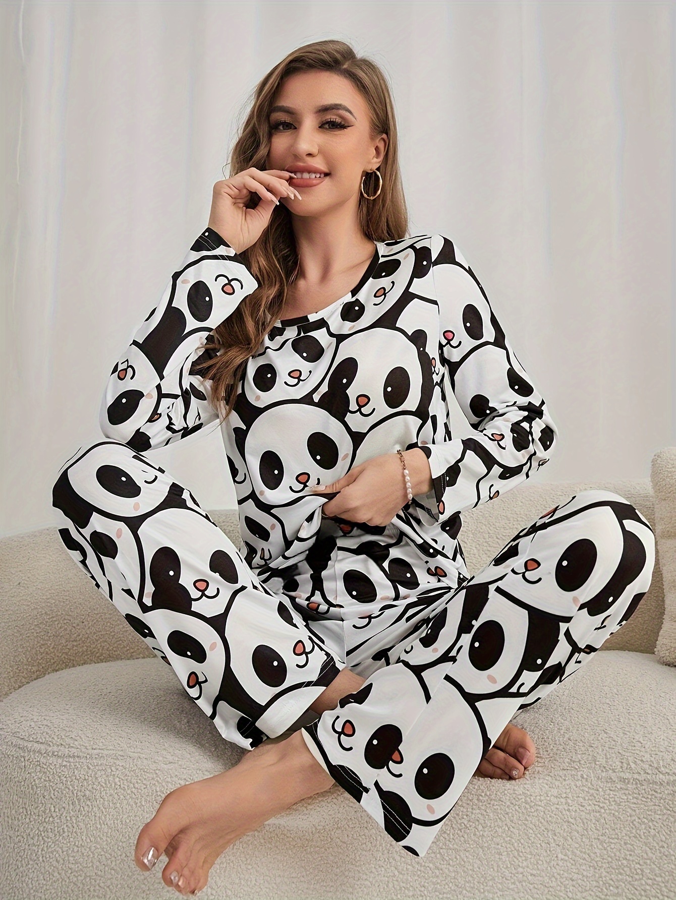 womens cute panda print pajama set long sleeve round neck top pants comfortable relaxed fit for fall Product details 0