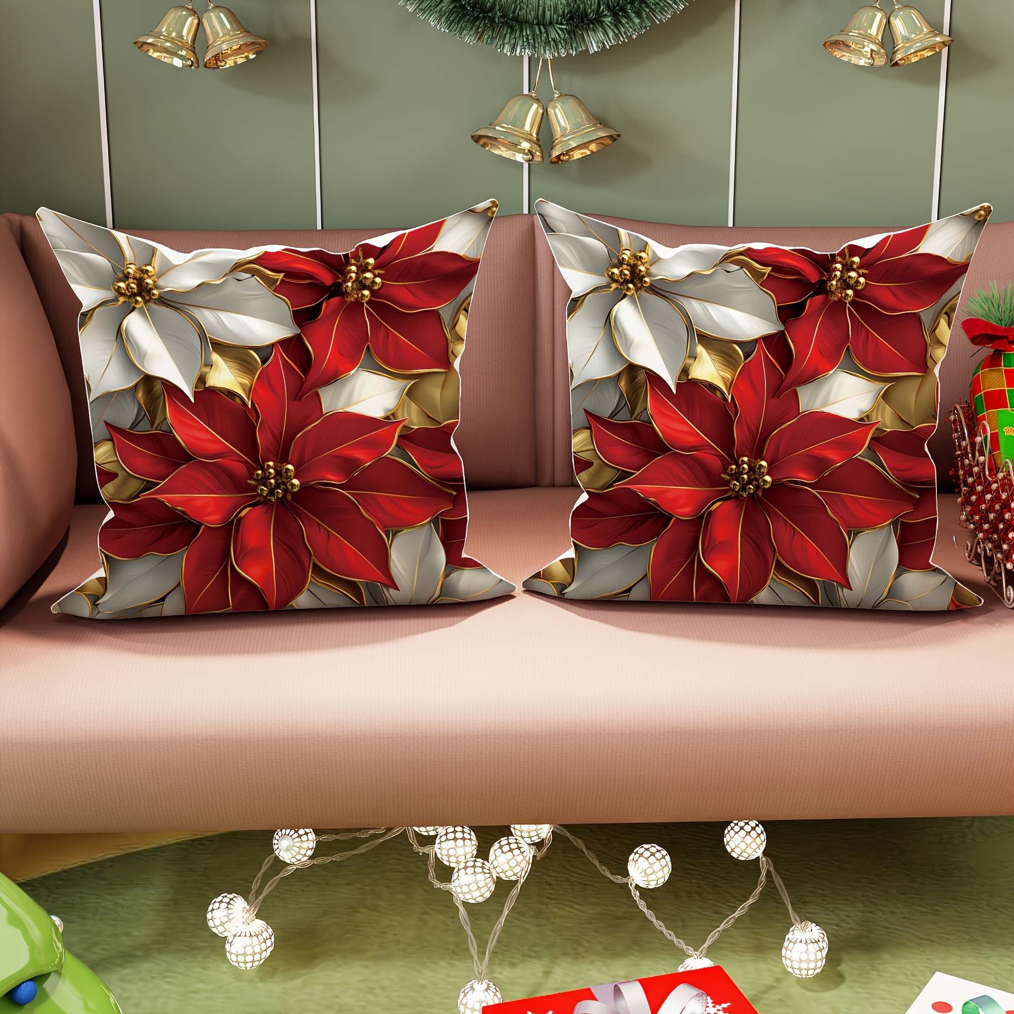 

2pcs Modern Linen Throw Pillow Covers, Christmas Floral & Leaf Design With Invisible Zipper, Machine Washable Polyester Decorative Cushion Cases For Sofa And Living Room - 18x18 Inches