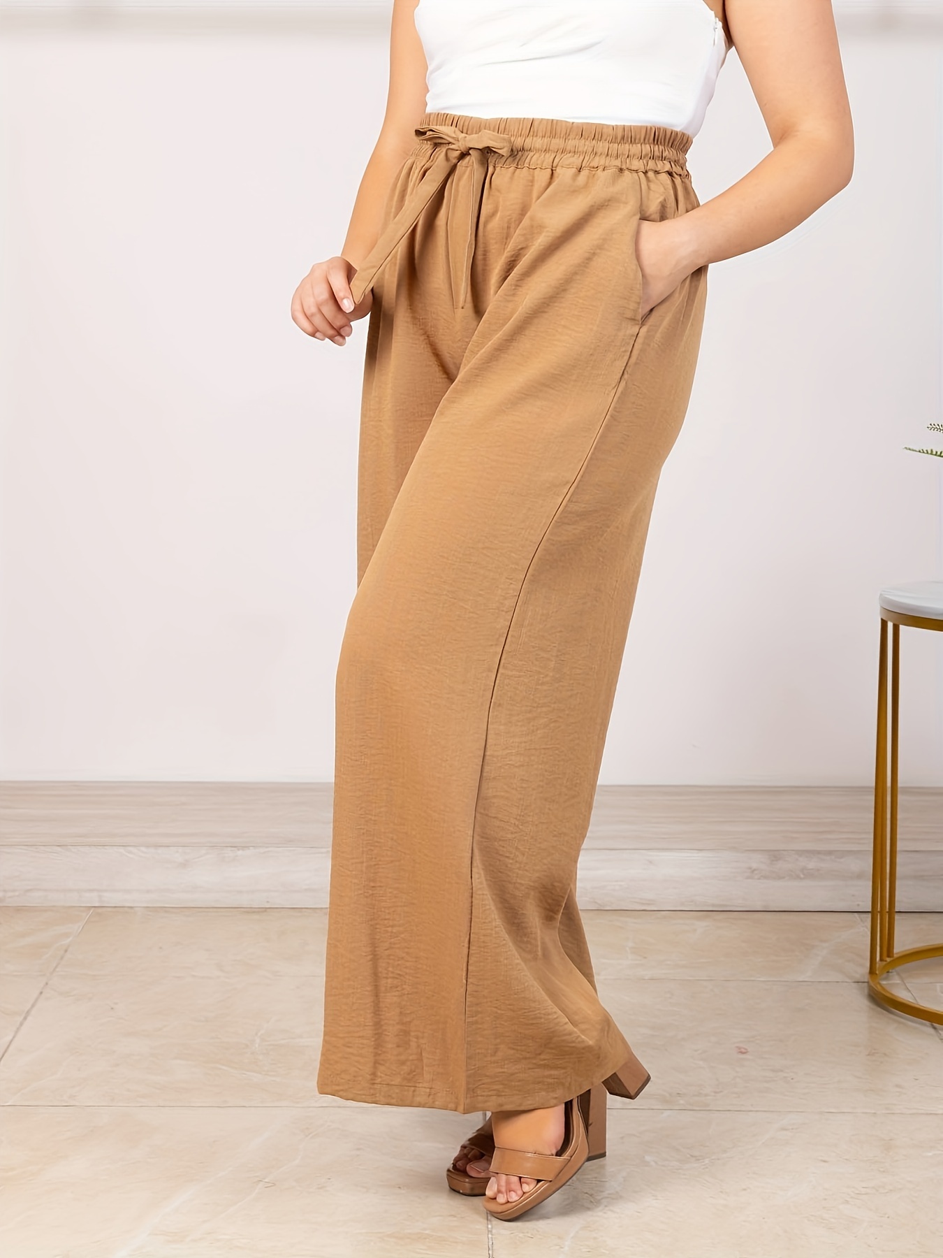 Shein Pantalones Pantalones Color Camel Mujer Pantalones Anchos