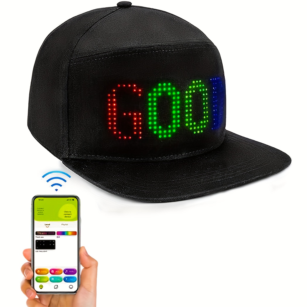 

Wireless Led Flat Brim Baseball Cap - Connected Smart App Programmable, Message Scrolling Led Display, Battery Rechargeable - For Outdoor Activities, Party, Camping, Gifts