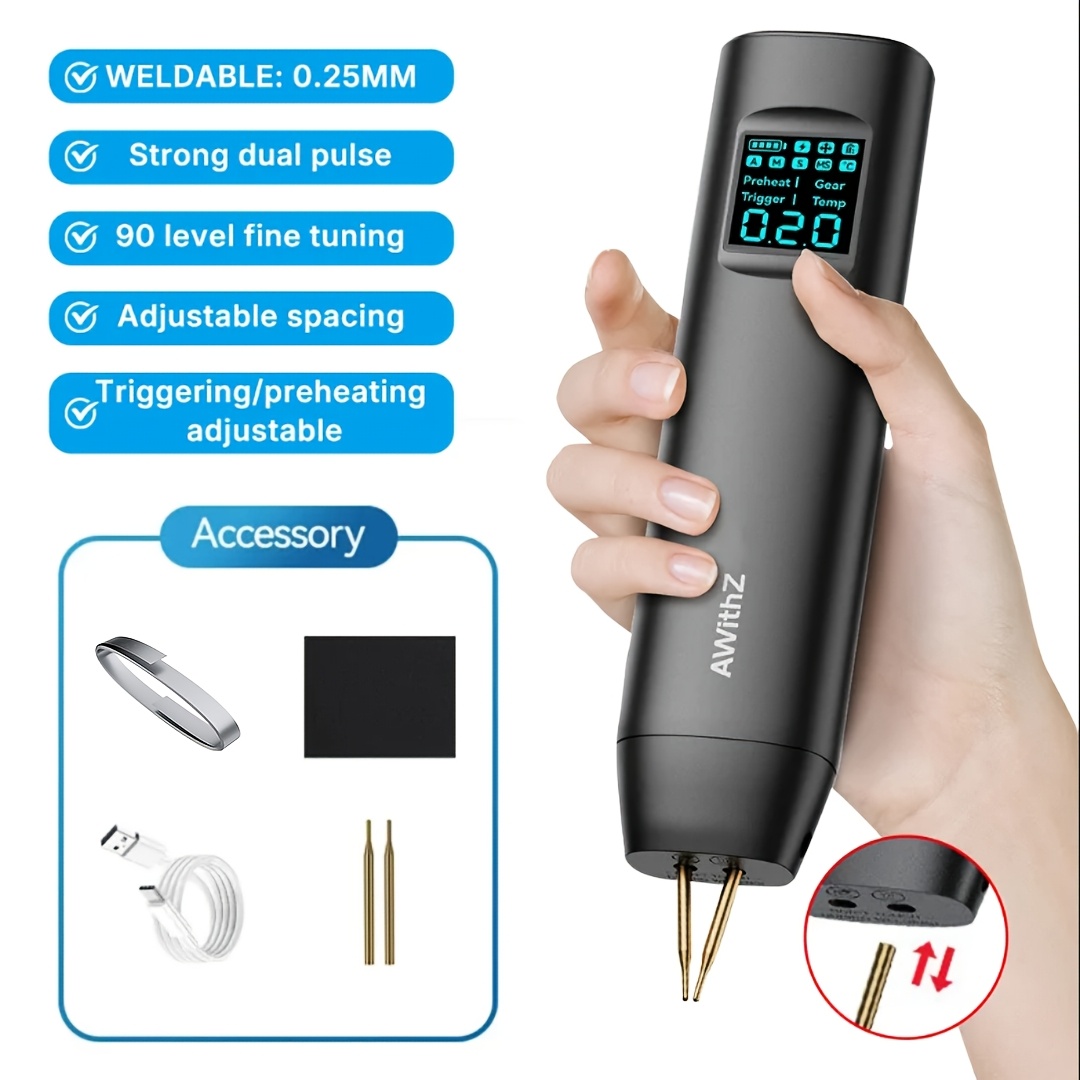 TEMU Poste à souder par points portable, machine à souder à double , 99 réglages de , très approprié pour souder des matériaux que 0,1-0,25 mm, etc.,