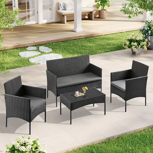 imagen del artículo Juego de 4 Piezas para Comedor y Sillas, Conjunto Lounge Jardín con 1 Sofá, 2 Butacas, 1 Mesa Auxiliar e Cómodos Cojines en Vidrio Seguro Resistente al Ideal Para Patio o Exteriores Reuniones Familiares Té Fiestas Amueblado Rattan
