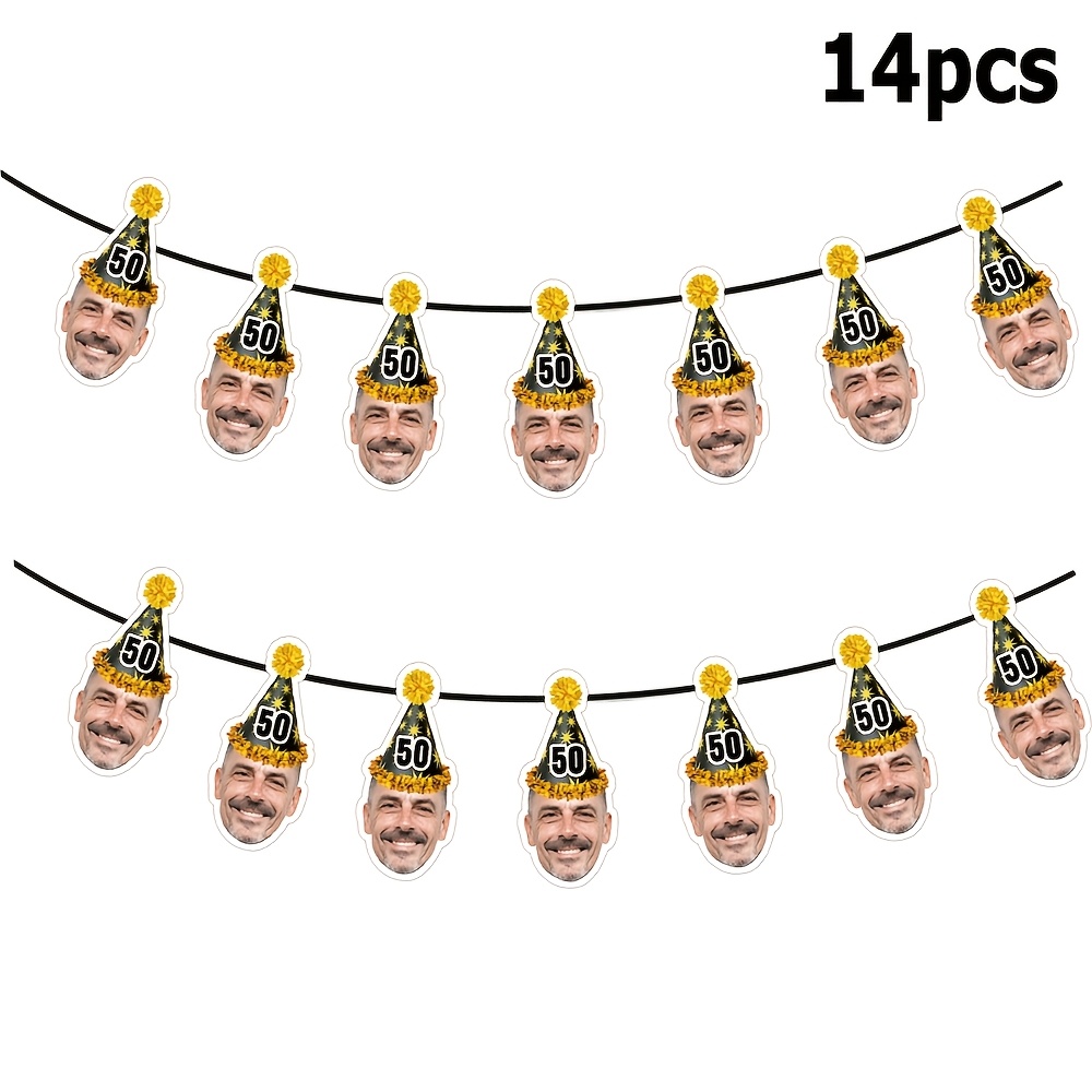 TEMU 8/14 piezas de pancarta personalizada con tema de sombrero de facial, cara/edad personalizada, diseño de de sombrero de negro y dorado, para
