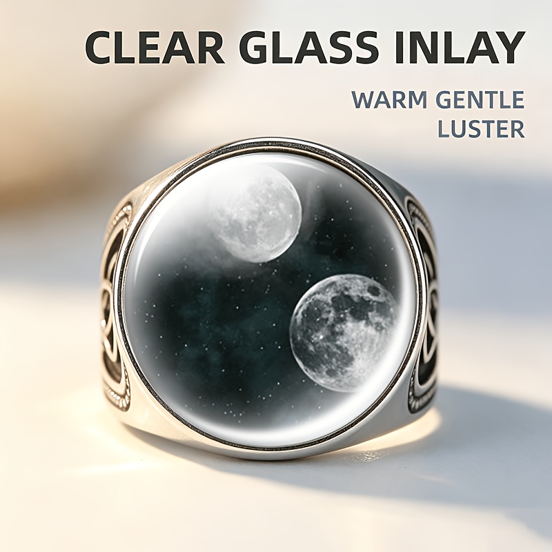 Classic Side-Engraved Open Ring with Moons and Stars Design