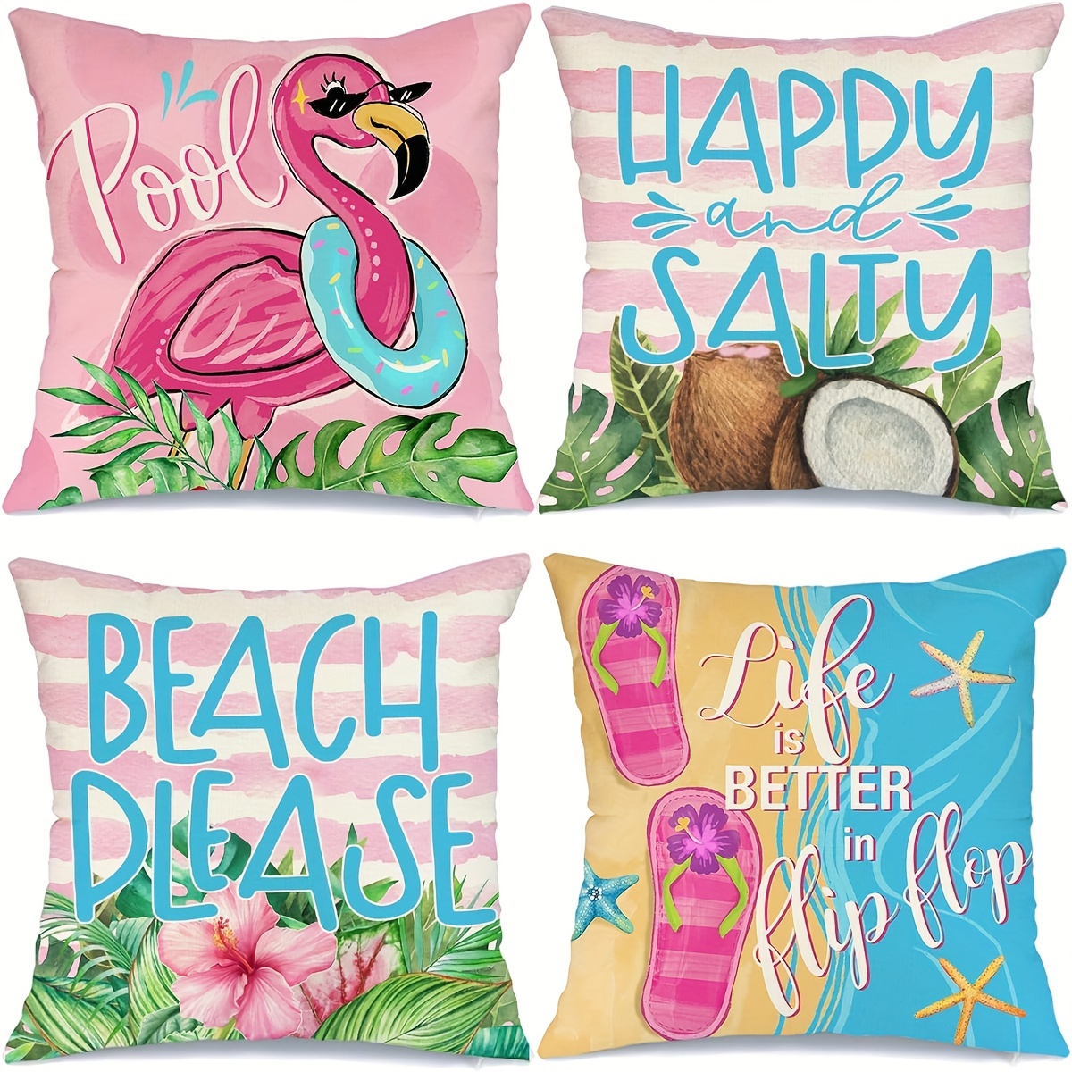 

Set Of 4 Summer Pillowcases, 18 X 18 Inches, Beach, Joy And Savory, Summer Decorative Pillows, Farm Decor, Sofa Cushion Covers