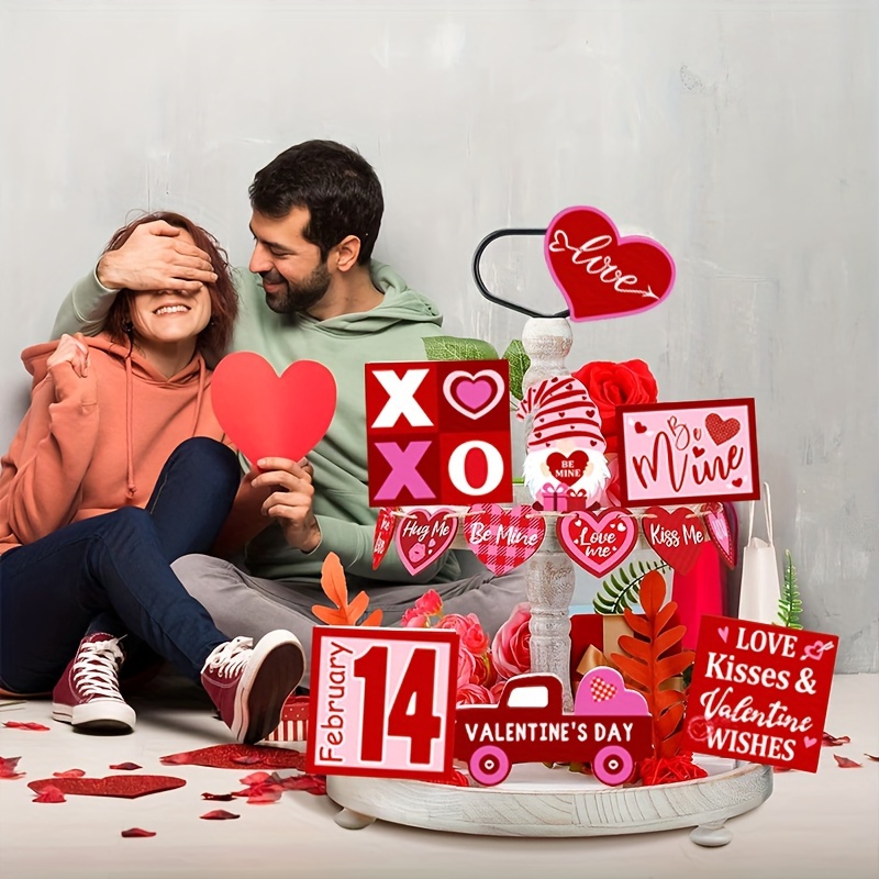 13 Piezas, Decoración De Bandeja Escalonada Para El Día De San Valentín, 7  Piezas De Carteles De Madera Para El Día De San Valentín, 6 Piezas Colgante