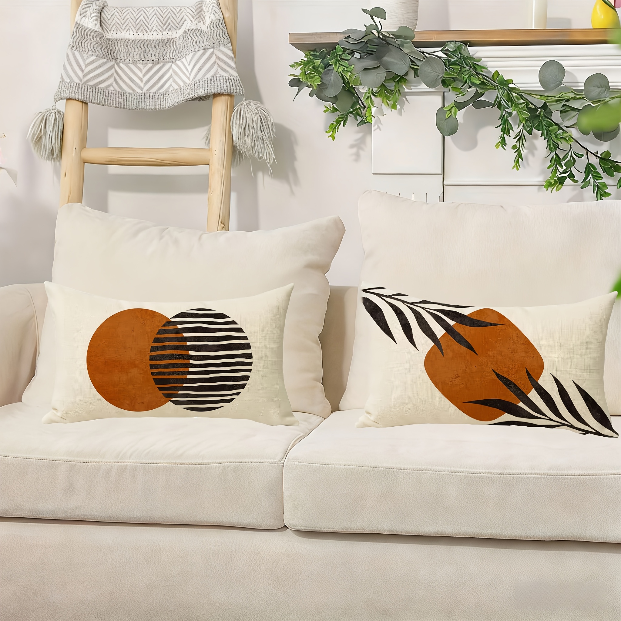 TEMU Set Of 2 Linen Lumbar Pillow Covers, Measuring 12x20 Inches / 30x50 Cm, Featuring A Spring/summer Design With A Easy Geometric Bohemian Pattern.