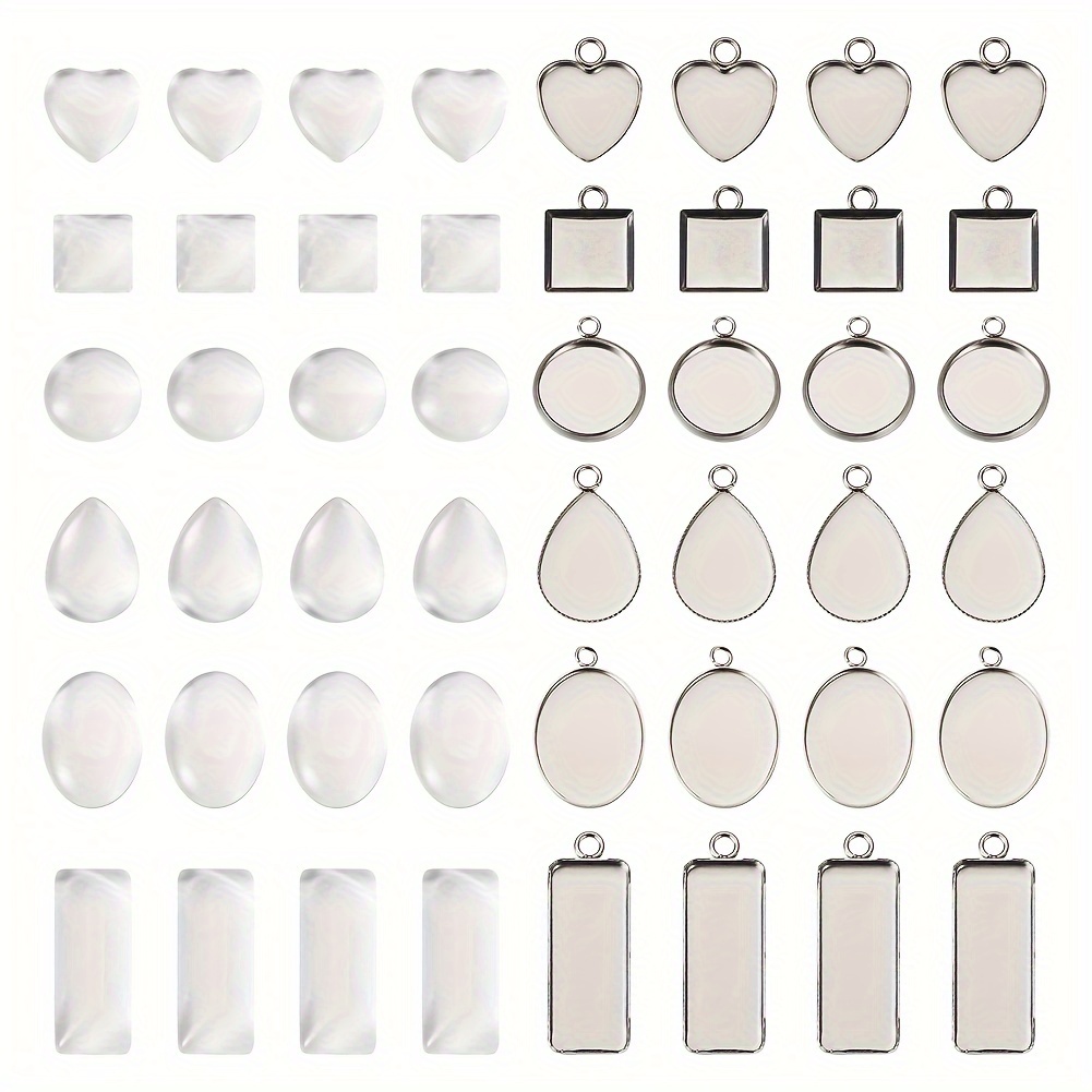 Image of 120pcs/box Diy Blank Pendant Making Kit Including 60 Heart-shaped, Square, Tear-shaped And Oval 304 Stainless Steel Pendant Patch Inlay Bottom Inlay And 60 Glass Patches