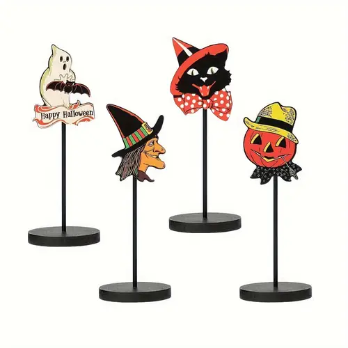 4pcs vintage halloween tiered tray signs artificial wood tabletop decor with black cat pumpkin witch hat designs no electricity needed spooky home centerpiece for holiday parties seasonal decor halloween decorations