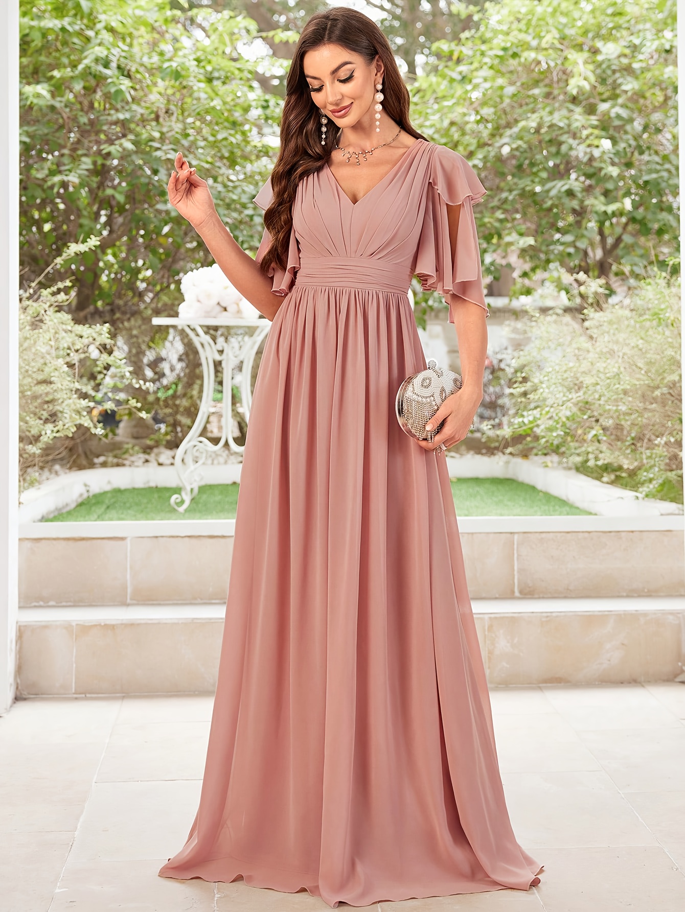 open lace back dress Light Yellow A-Line V Neck Pleated Chiffon Ruffle Long Bridesmaid Dress Light Yellow / US 14 main image 1