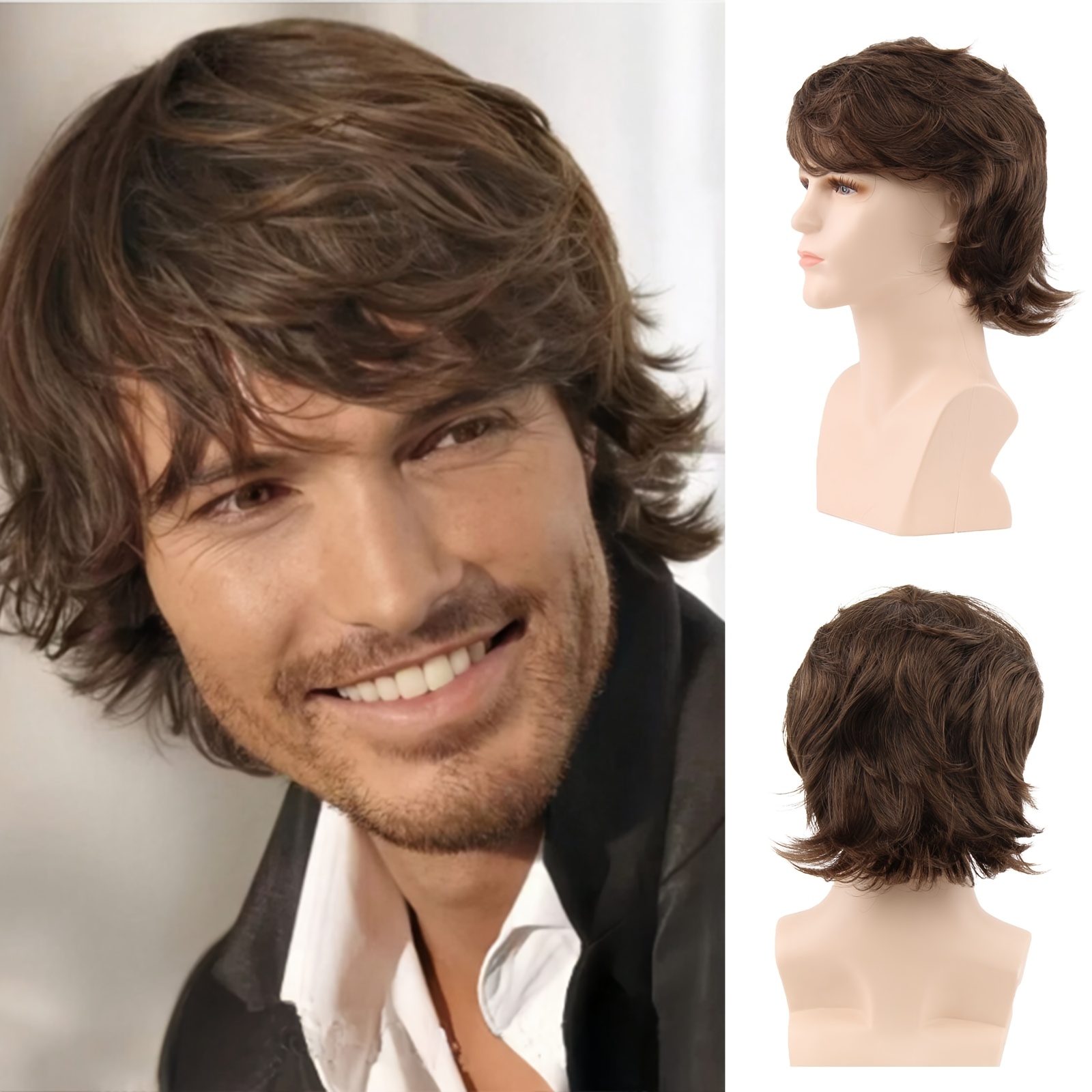 Image of Men' Short Dark Brown Synthetic Wig Suitable For - Heat Resistant Layered Fluffy Hair With Wig Cap | Look For Daily Wear, Cosplay, Themed Parties & Cap | Straight Hair For