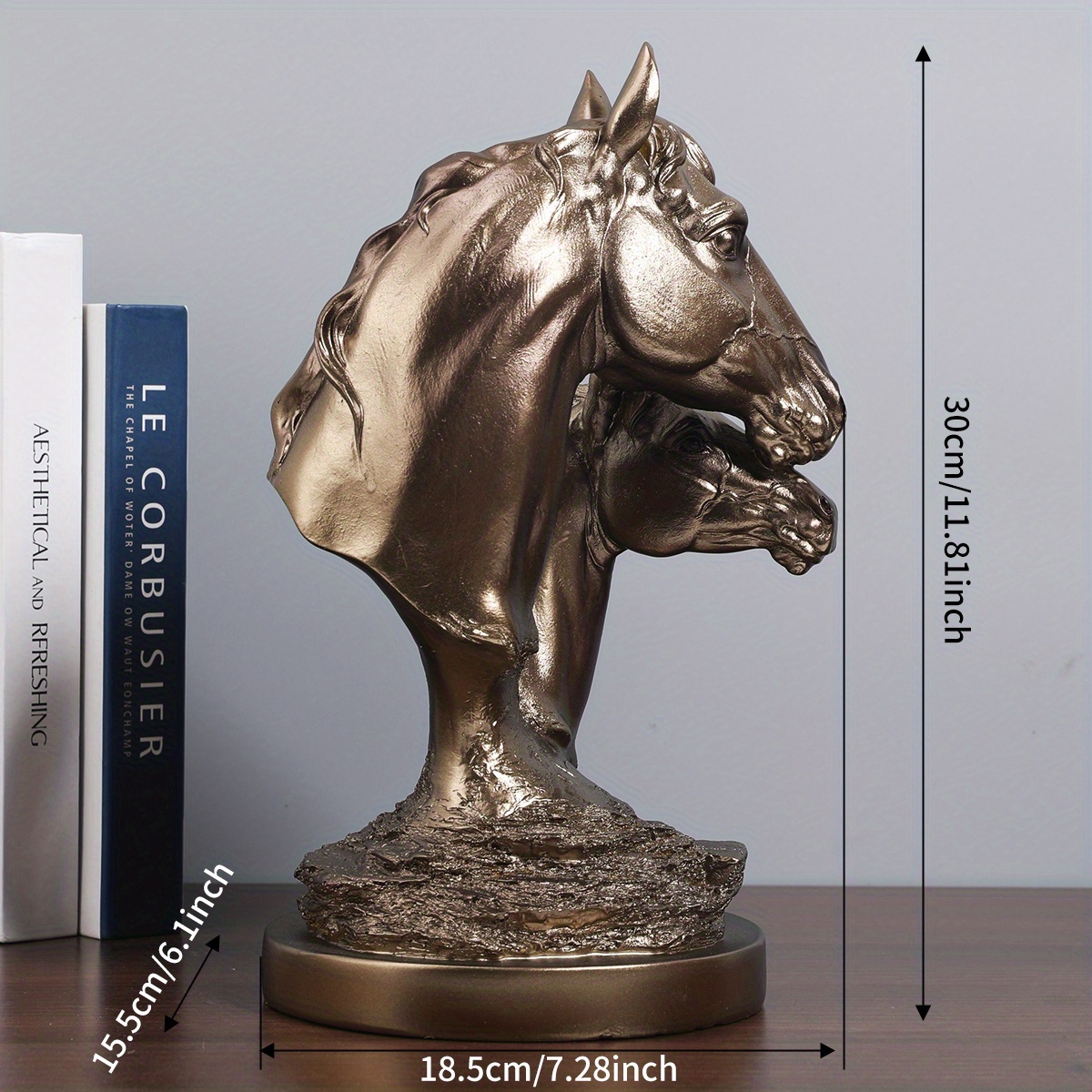 1pc Vintage Bronze Double-Headed Horse Statue Resin Crafts Decoration Home Desktop Porch Ornaments Minimalist Style Head Statue