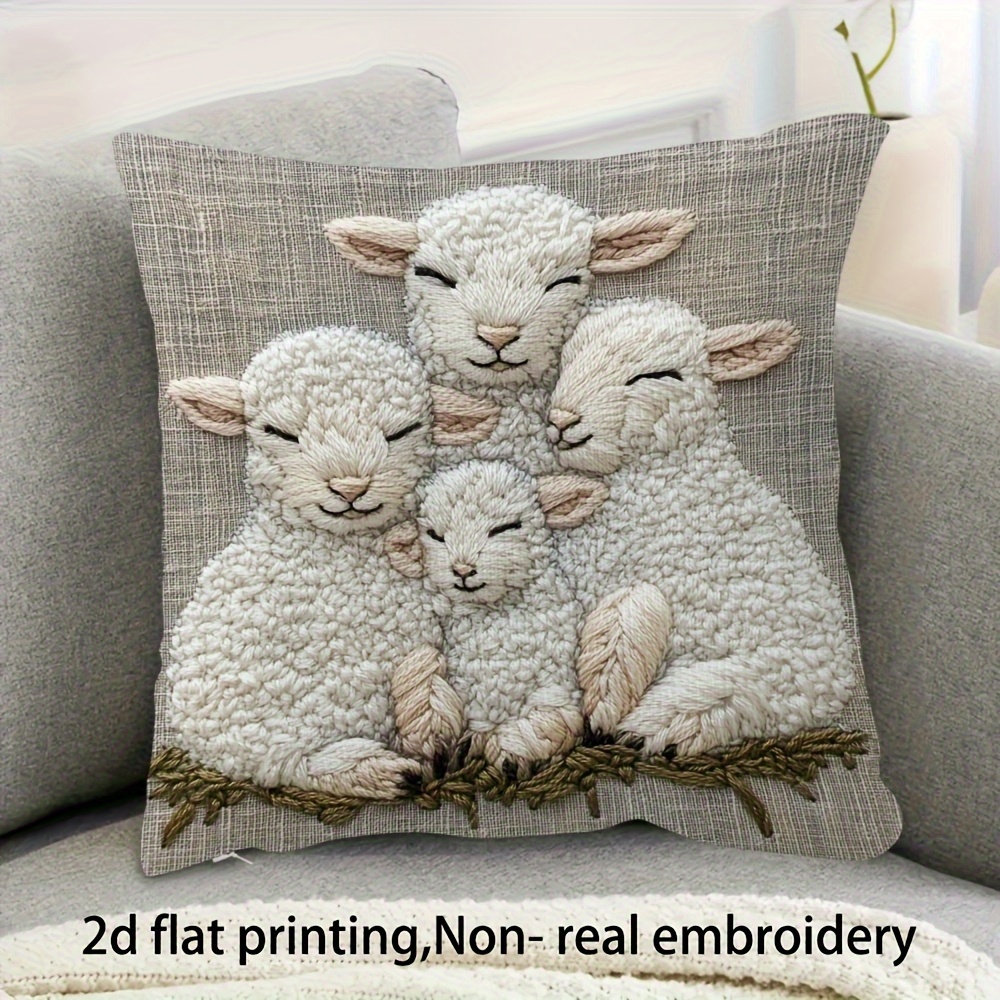 TEMU 2d Flat - 1pc 2d Flat Print Sheep Herd Family Plush Pillowcase - 18x18 Inches (45x45 Cm) Zipper Closure, Machine Washable, Inner Not Included,