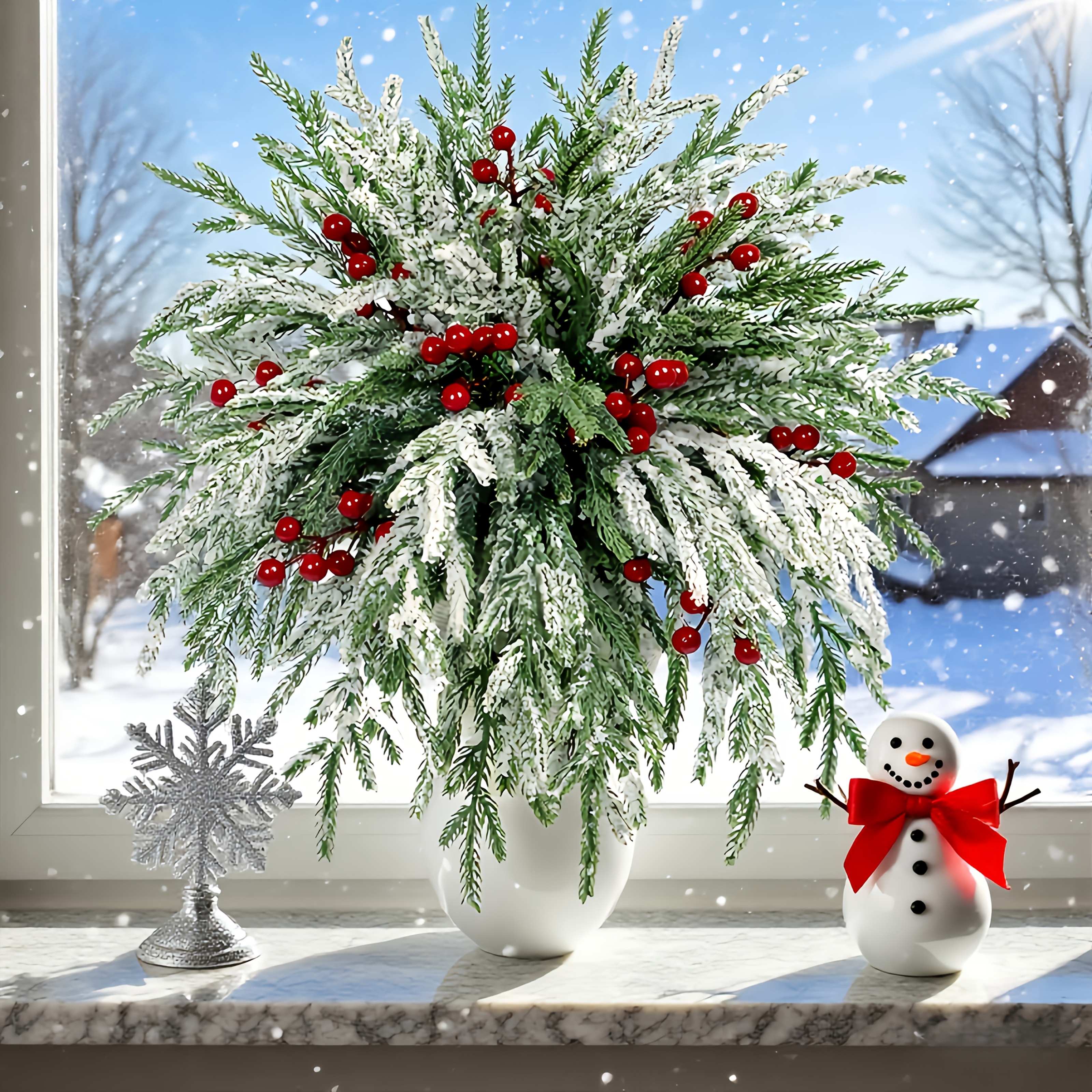 12 Artificial Norfolk Pine Branches with Red Seeds - Realistic Faux Pine Branches Featuring Lush Green Needles and Snow-covered Stems with Distinct Red Seeds, Ideal for Christmas Wreaths, Vase Fillers, Home Decor, Holiday Decorations, Artificial
