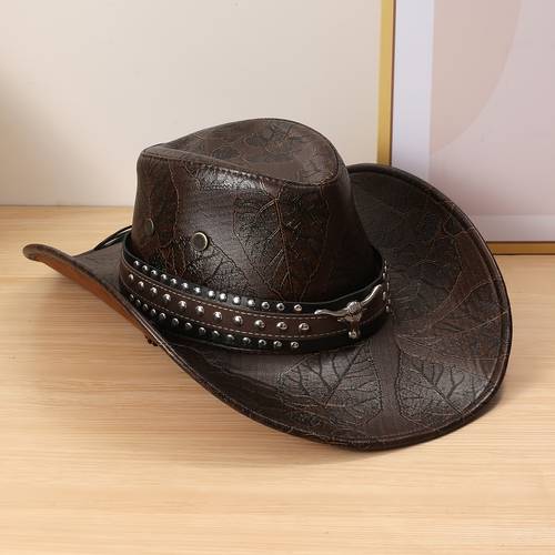 unisex metal bull decoration pu leather cowboy casual top hat elegant and stylish suitable for travel parties western cowboy themed parties and daily use