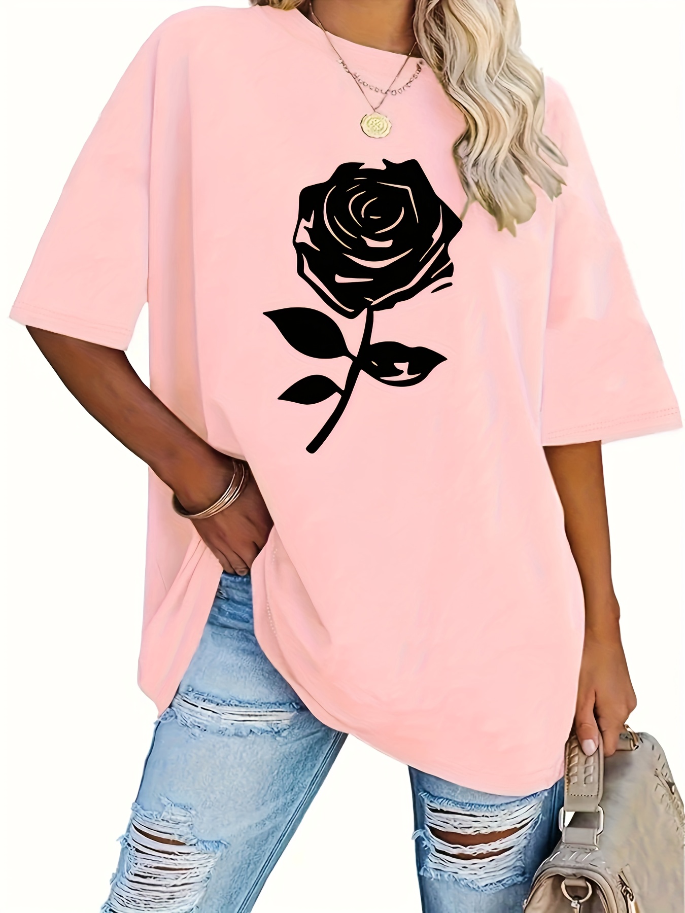 Plus Size Rose Print T-Shirt, Casual Short Sleeve Top For Spring & Summer, Women's Plus Size Clothing
