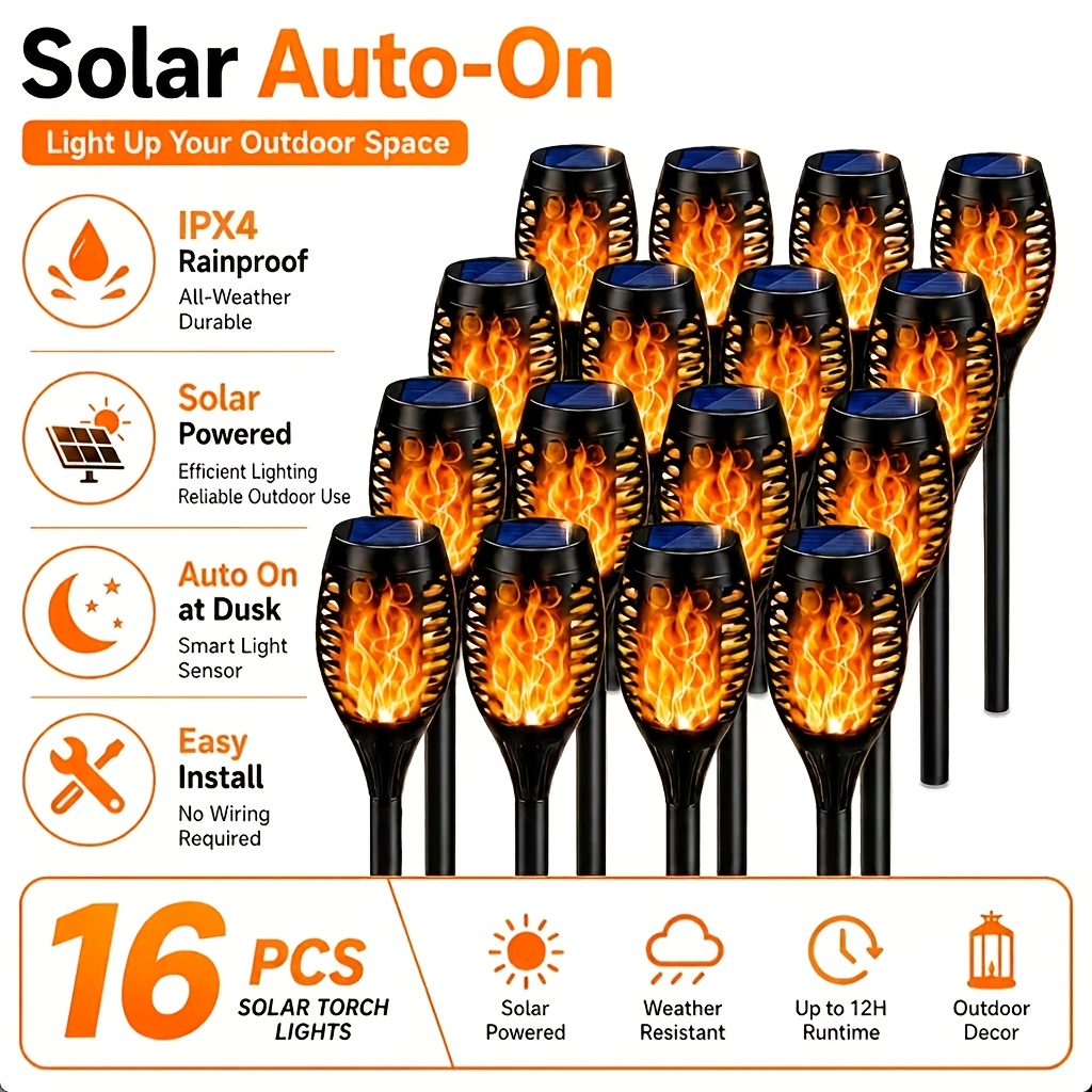 Image of 8/12/16 Packs Solar Torch Lights With Flickering Flame, Flame Effect Garden Lights For Outdoor Pathway, Patio, Yard, Wedding & Party Decor, Auto Solar Lights Ipx4